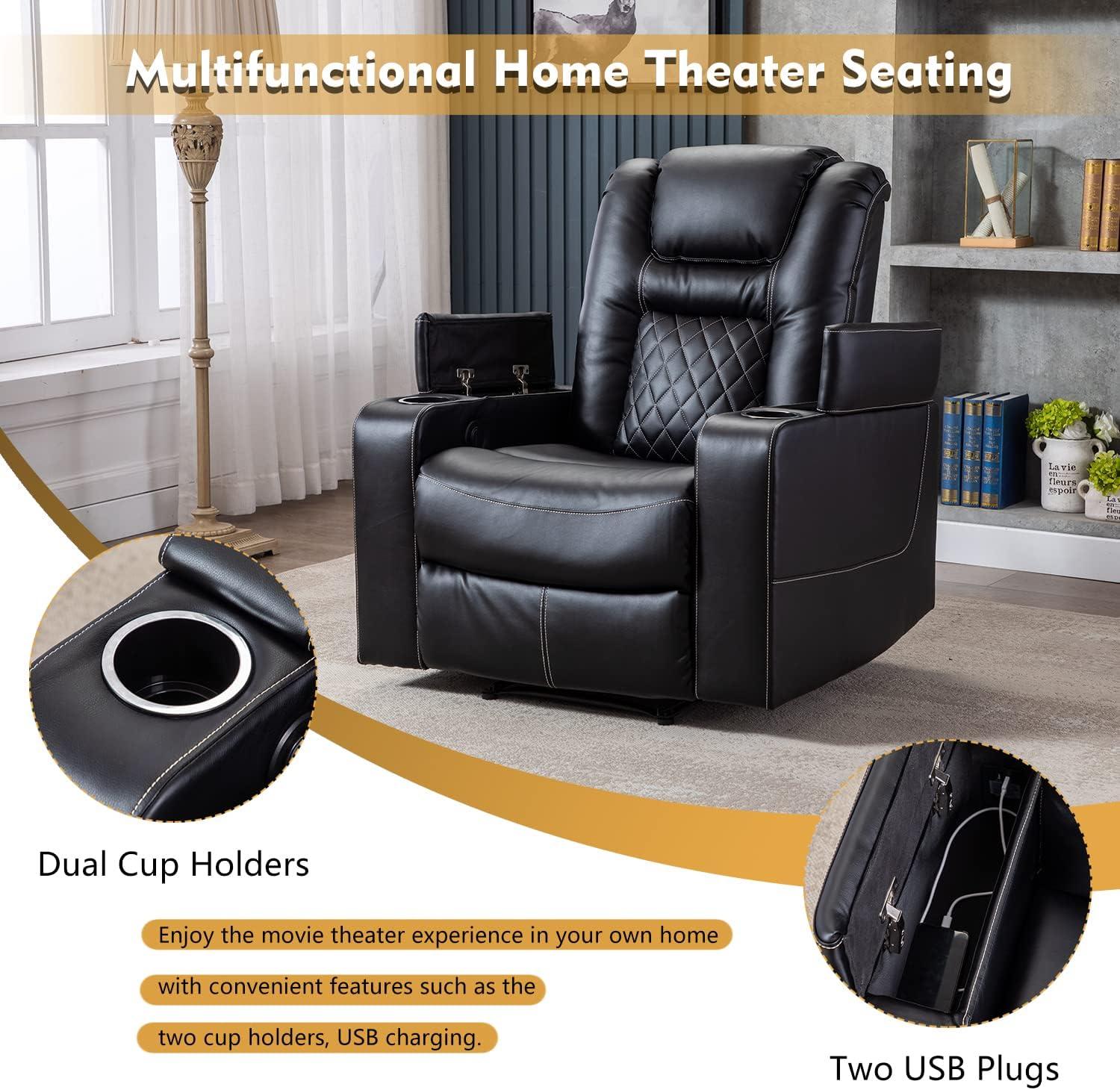 Bonzy Home Power Electric Recliner Chair with USB Ports and Cup Holders Leather Home Theater Seating, Living Room Chair Black