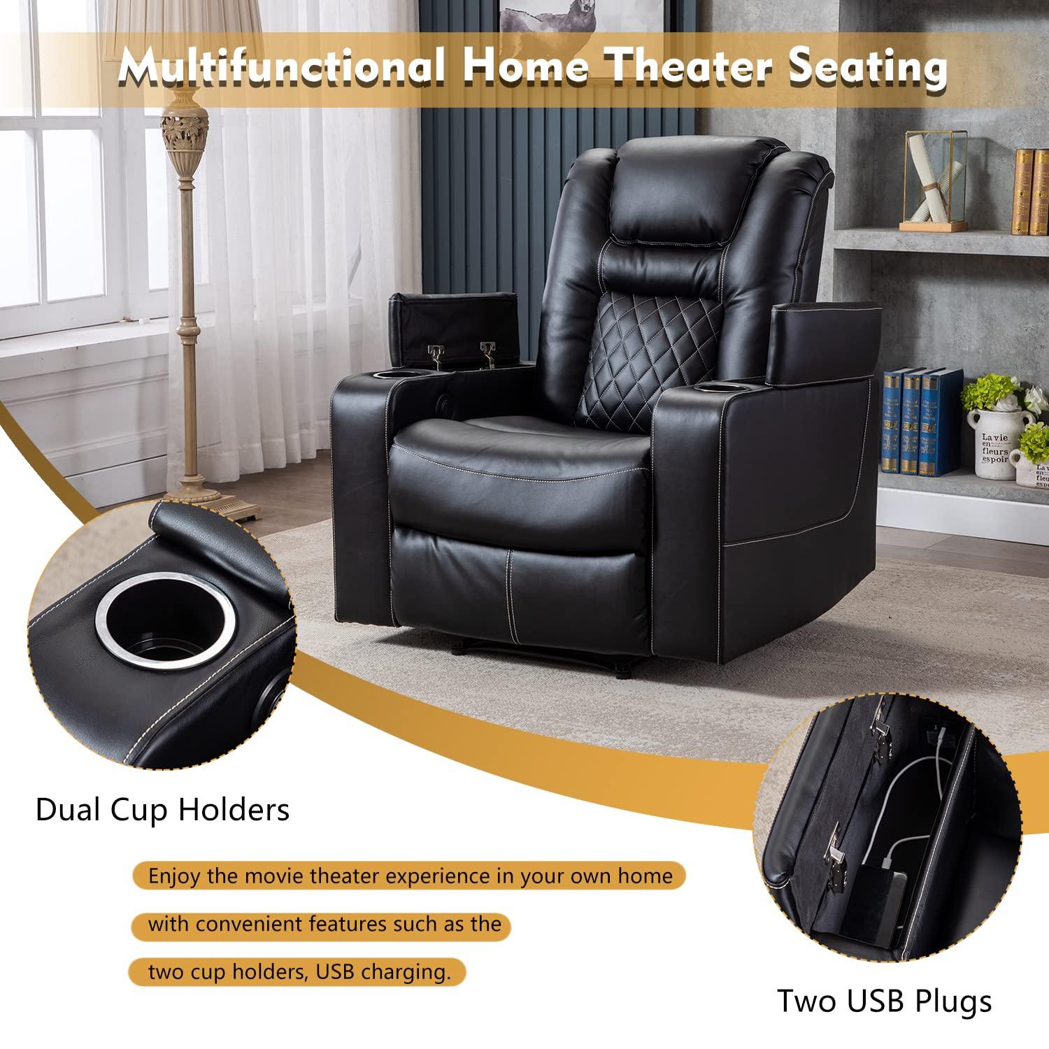 Bonzy Home Power Electric Recliner Chair with USB Ports and Cup Holders Leather Home Theater Seating, Living Room Chair Black