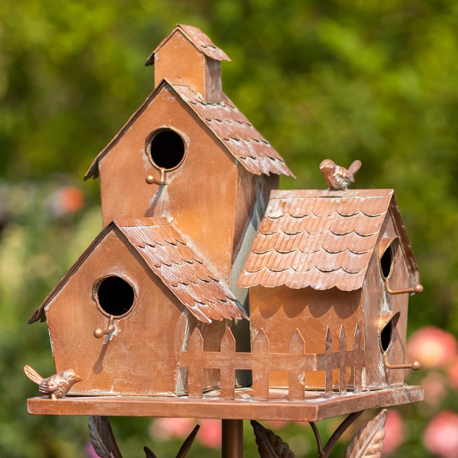 Large Copper Colored Multi-Birdhouse Stakes, Room for 4 Bird Families in Each (Castle Home)