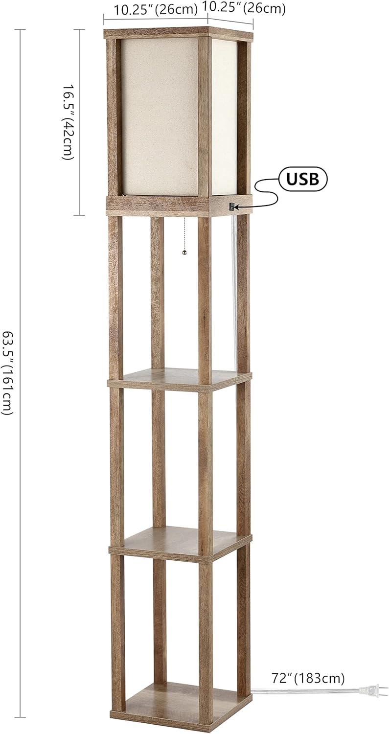 Etagere 63.5" Rustic Bohemian Wooden LED 3-Shelf Floor Lamp with Pull-Chain, USB Charging Port and Smart Bulb, Brown
