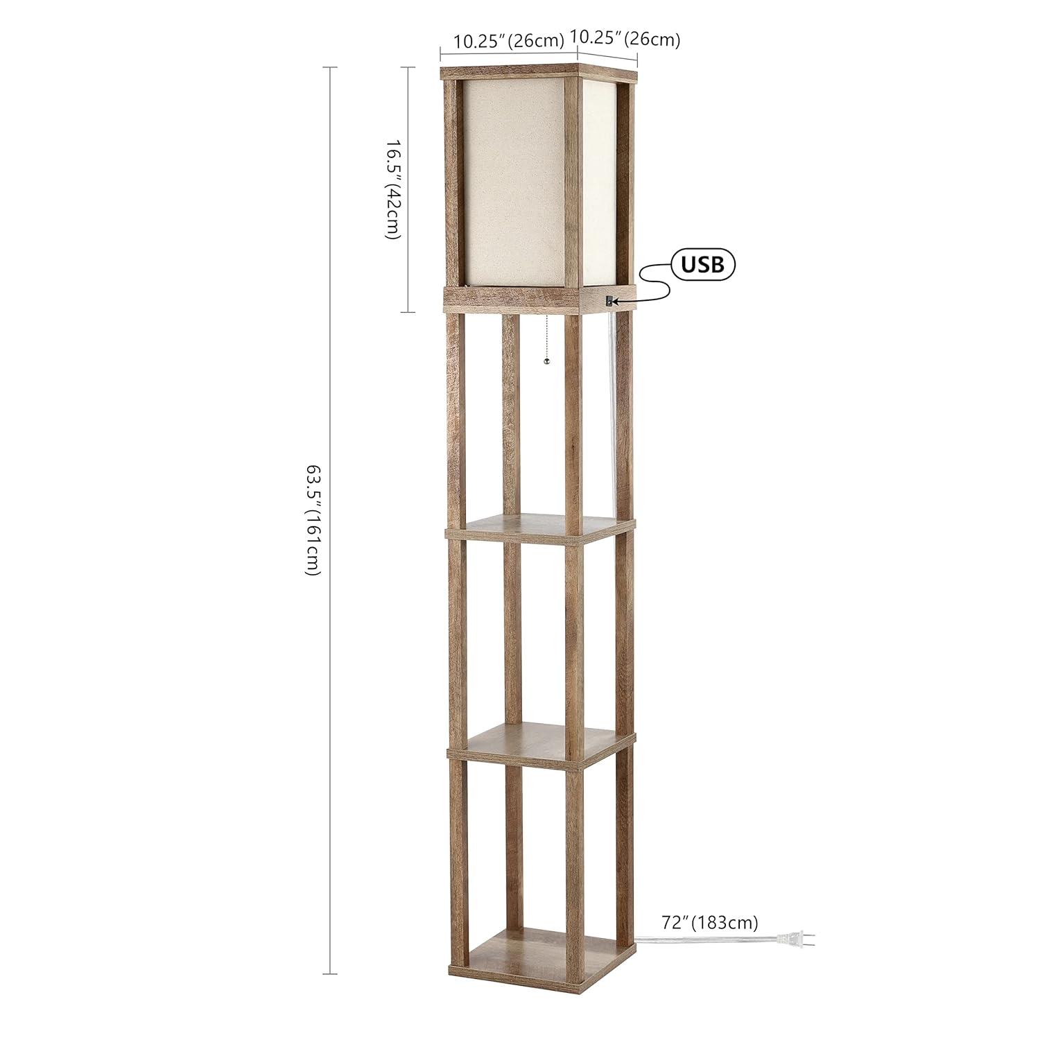 Etagere 63.5" Rustic Bohemian Wooden LED 3-Shelf Floor Lamp with Pull-Chain, USB Charging Port and Smart Bulb, Brown