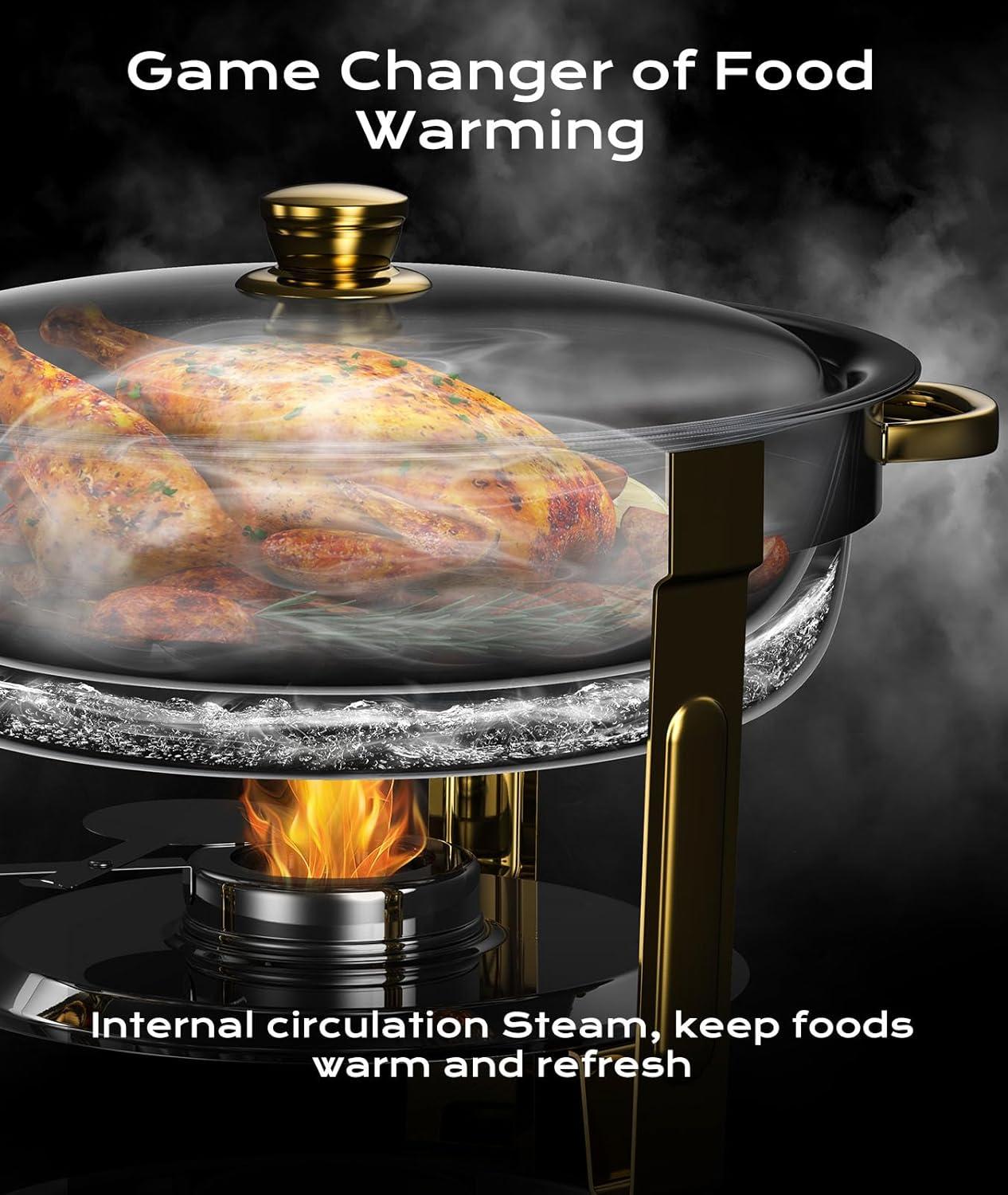 WhizMax Chafing Dish Buffet Set 2 Pack 5QT, Stainless Steel Round Chafing Dishes for Buffet with Lid Holder & Glass Lid, Gold