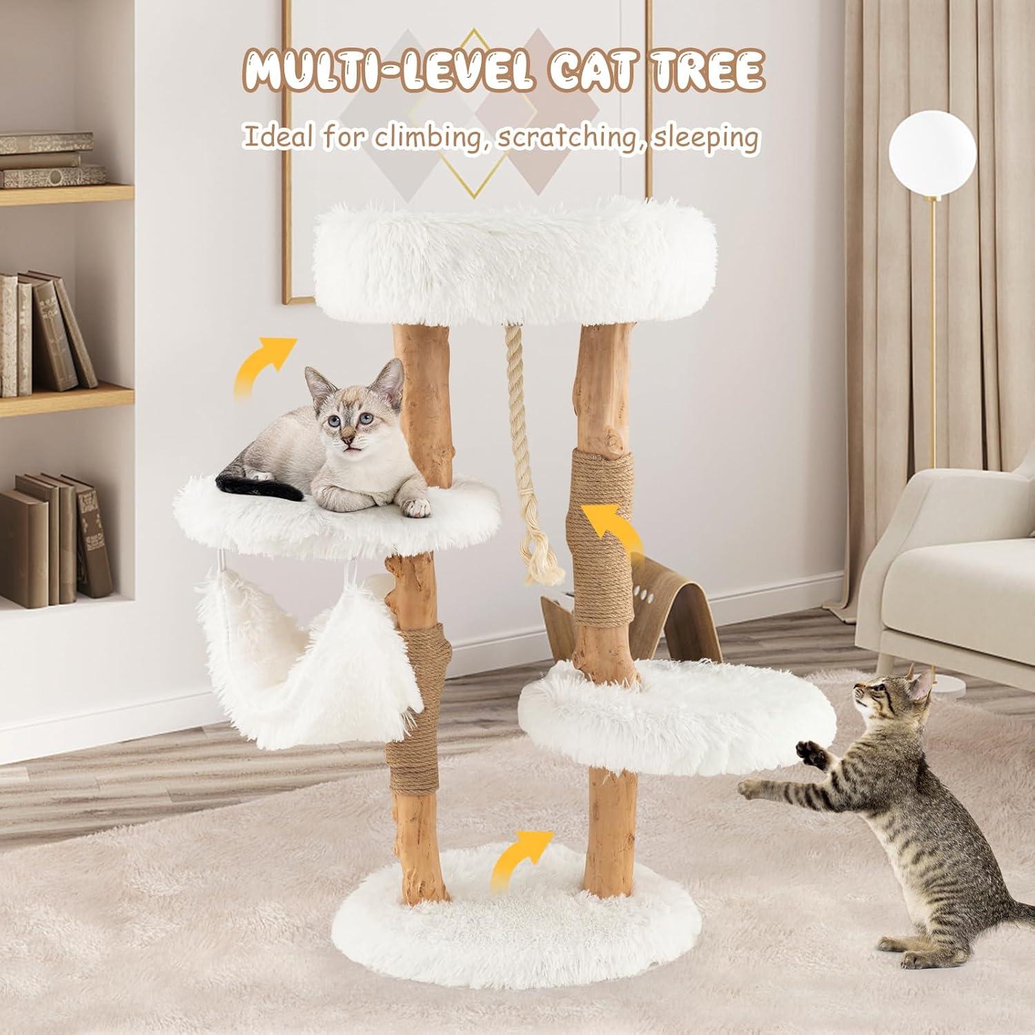 Tangkula 34" Tall Wooden Cat Tree Solid Wood Cat Tower with Jute Scratching Posts