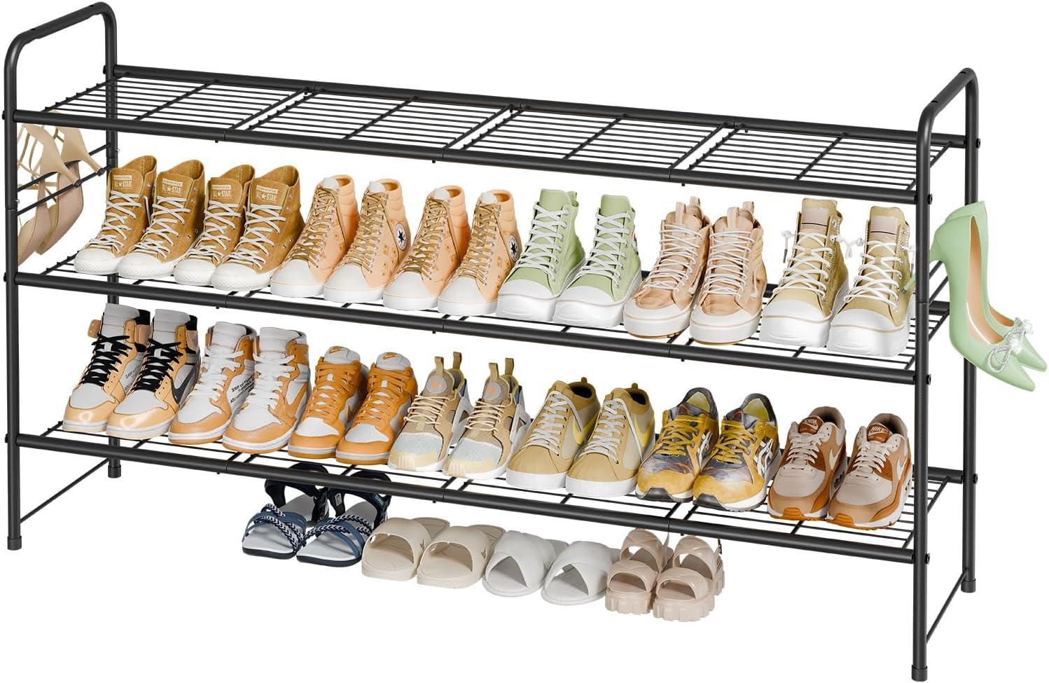 YASONIC Shoe Rack Storage Organizer, 3-Tier Black Shoe Shelf, 24 Pairs, Iron Poles & Plastic Connectors