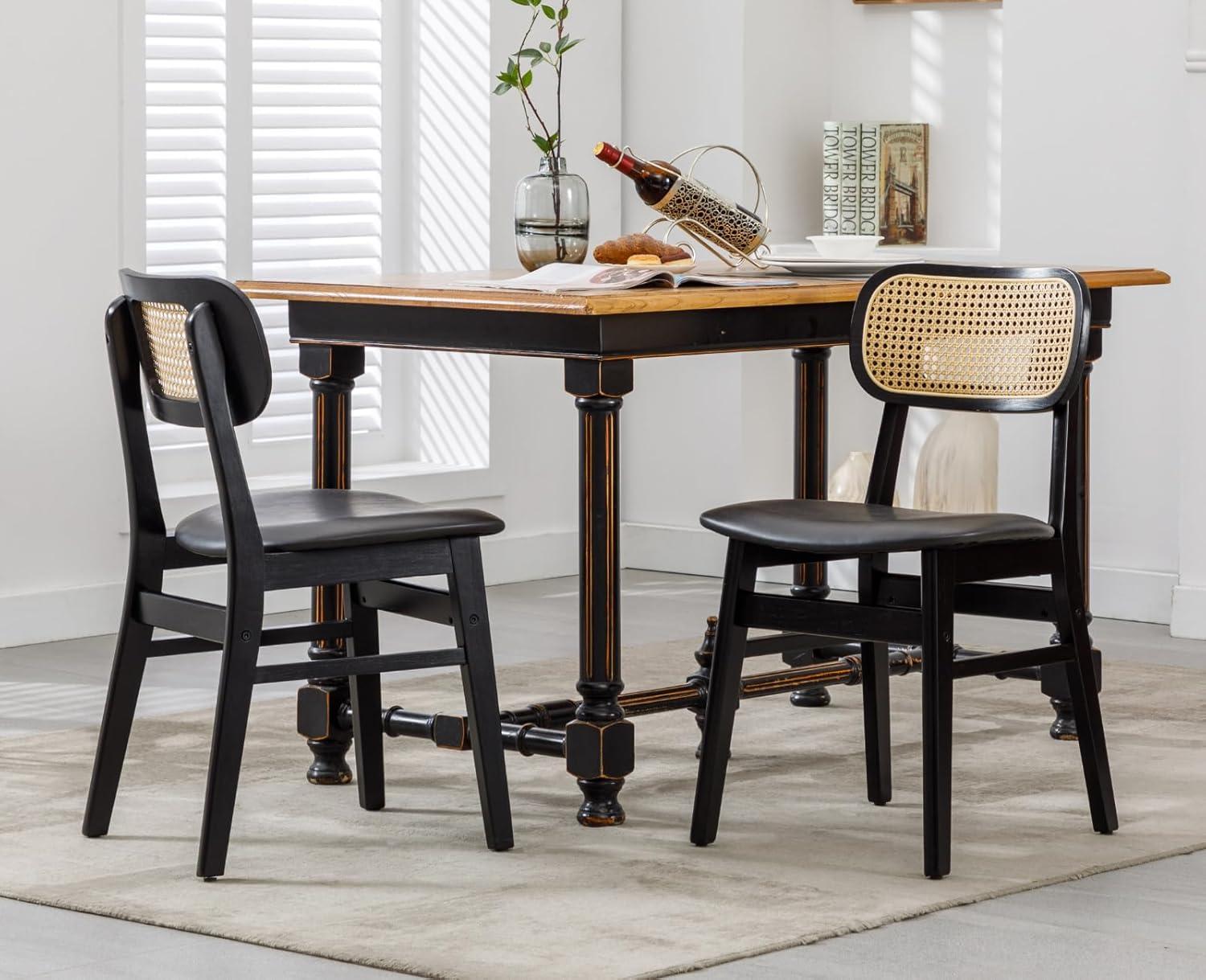 Upholstered Faux Leather Seat Rattan Back Dining Chair, Solid Wood Frame Side Chair For Living Room