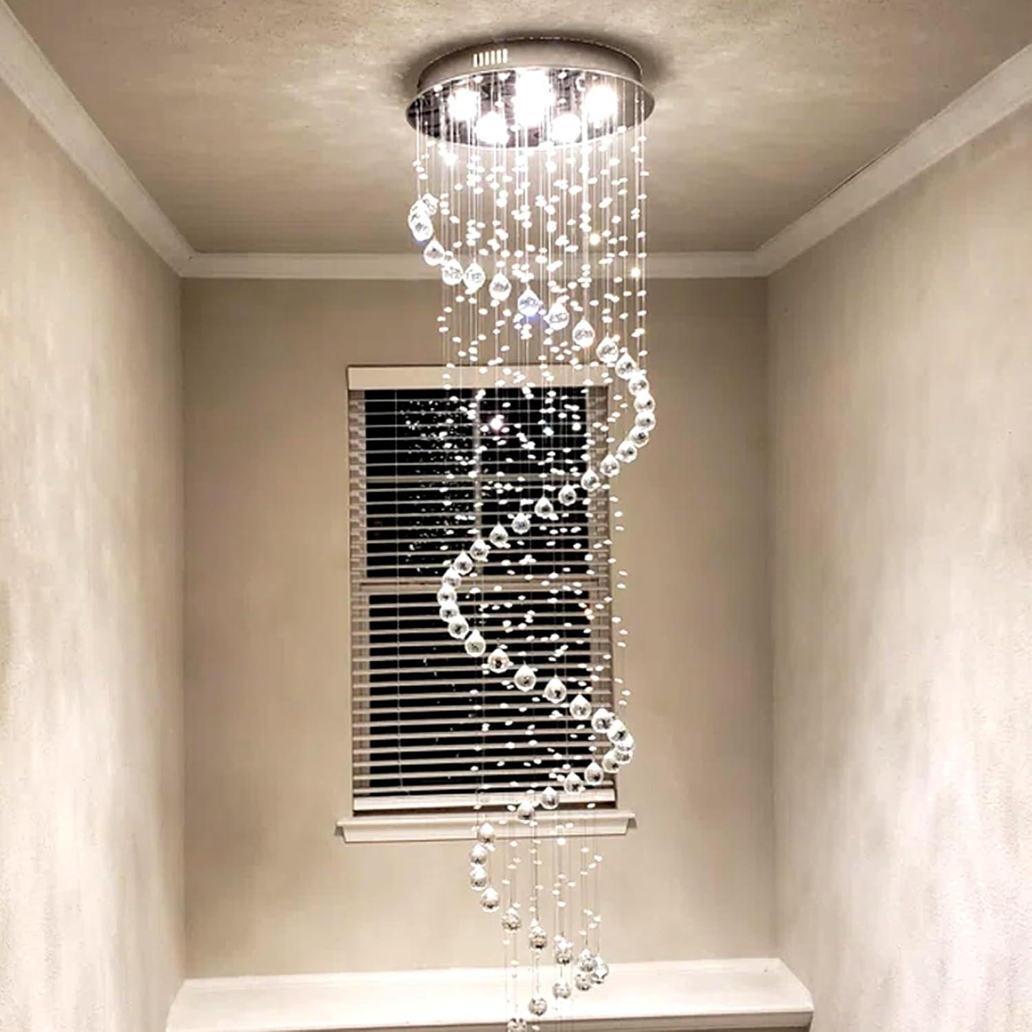 SEFINN FOUR Modern Spiral Design Crystal High Ceiling Pendant Light Chandelier for Living Room Hotel Stairs Foyer Entryway H87"