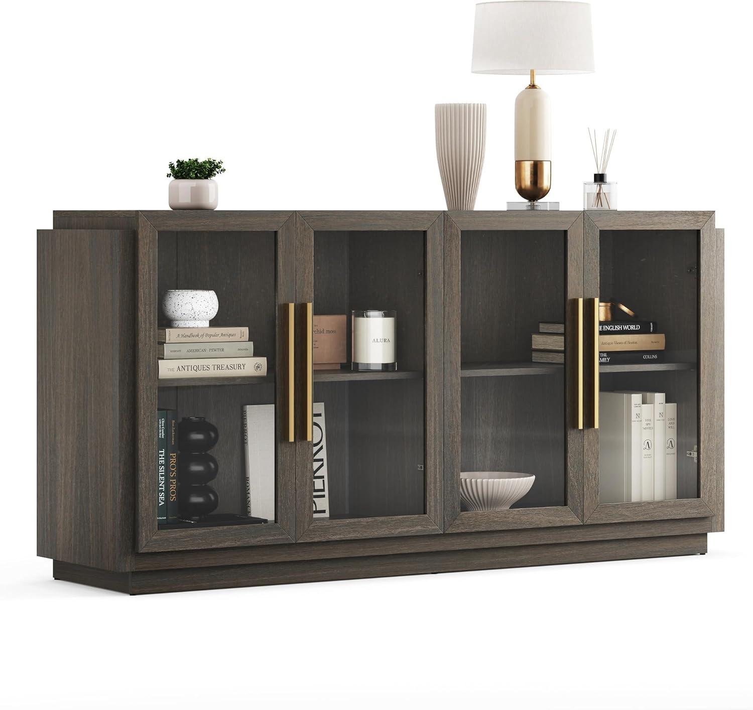 BELLEZE Sideboard Buffet Cabinet, Modern Wood Glass-Buffet-Sideboard with Storage, Console Table for Kitchen, Dinning Room, Living Room, Hallway, or Entrance - Brixston (Brown)