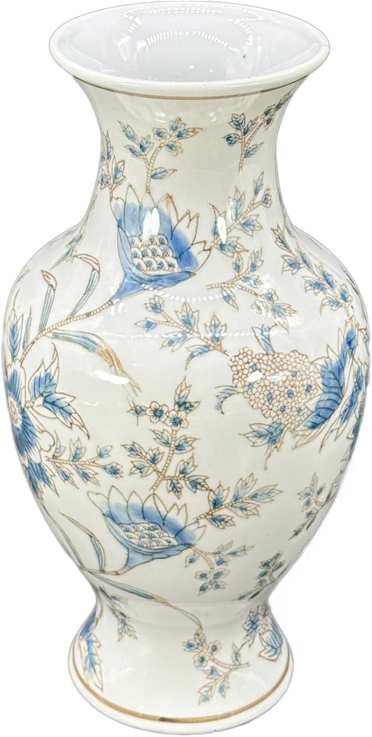 Dark Blue Floral Chinoiserie Ceramic Vase with White Accents