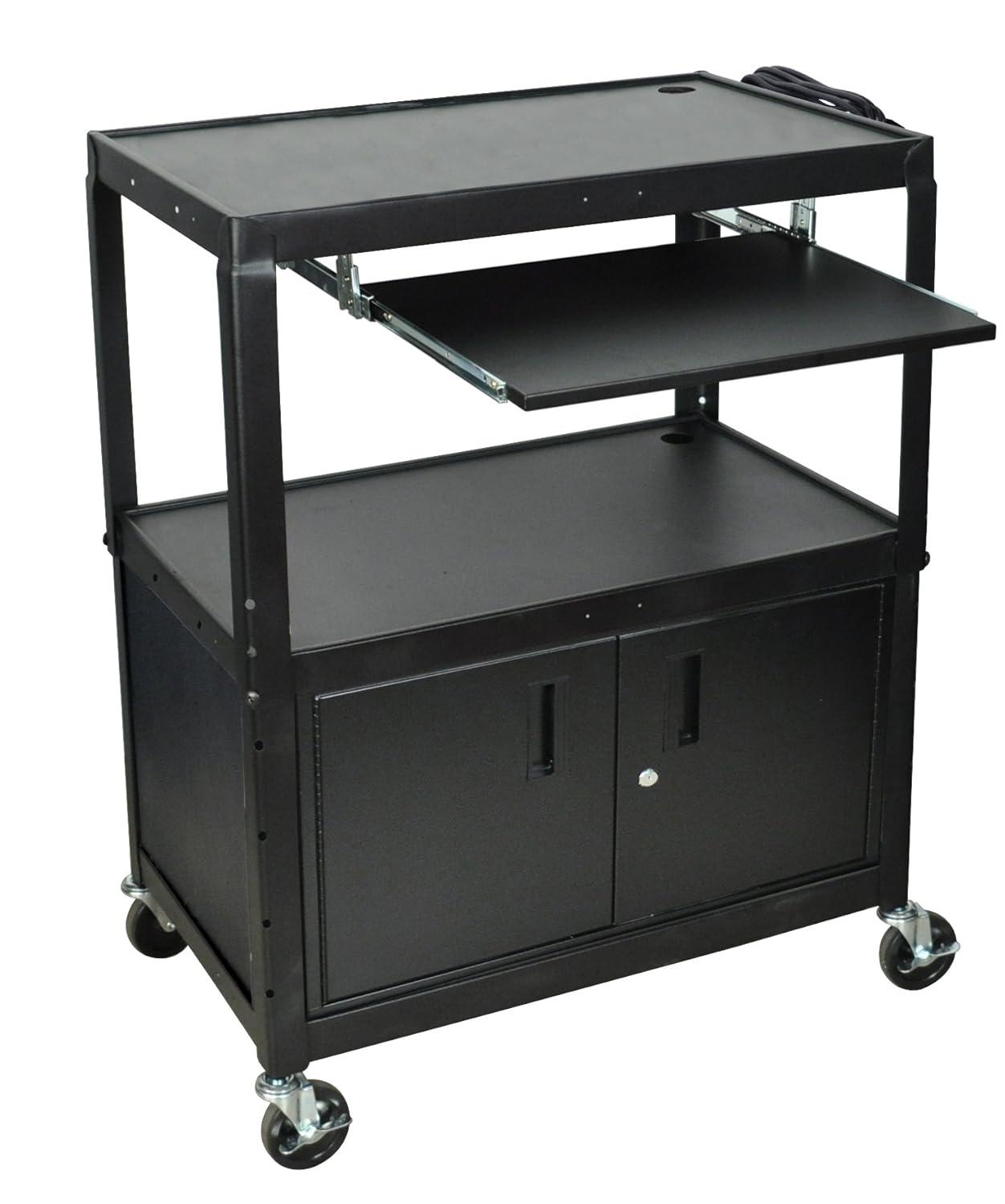 Adjustable Height Black Steel AV Cart with Keyboard Shelf