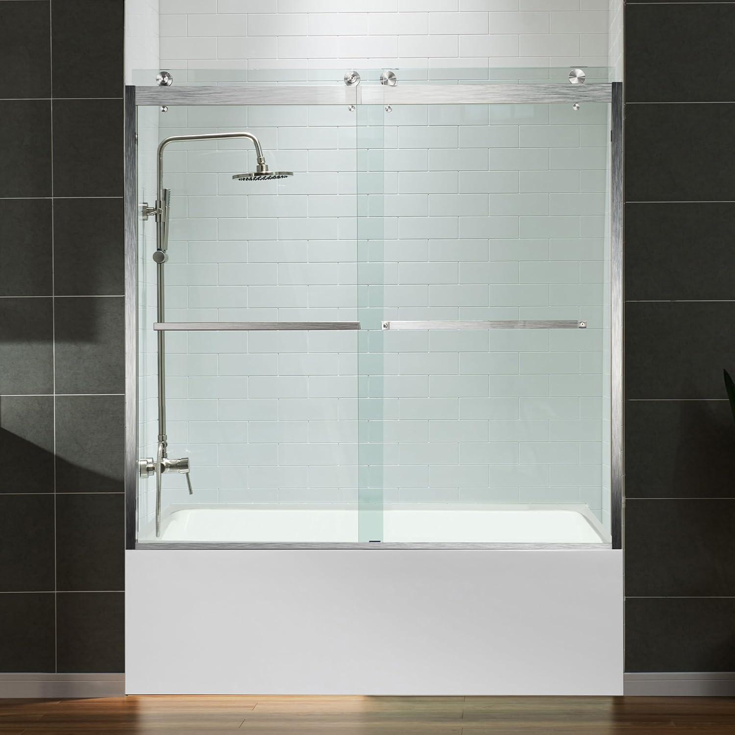 WoodBridge 56-60x76" Double Sliding Shower Door with 3/8" Thickened Upgrade Tempered Glass | Stainless Steel Hardware | Safe, Explosion-Resistant, Clear & Stylish, Sturdy & Durable  SDD6076-B