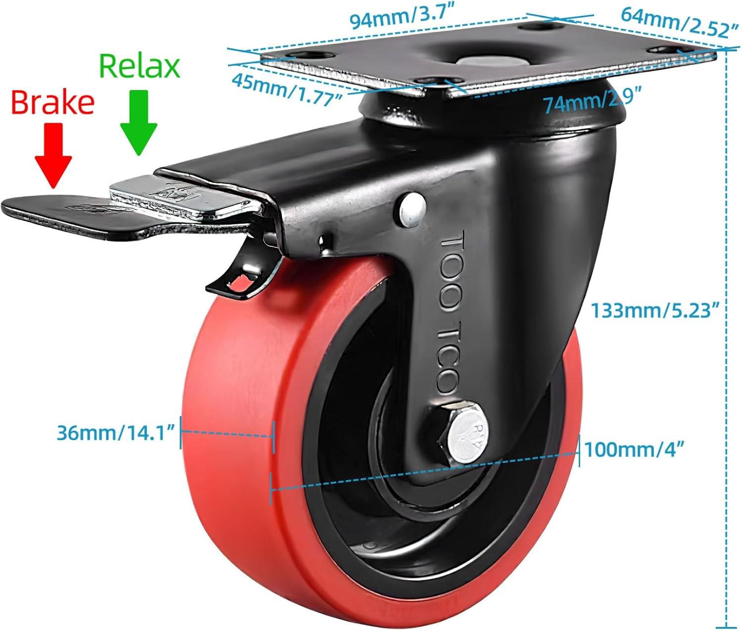 Heavy Duty 5 Inch Red Polyurethane Swivel Caster Wheels with Brake