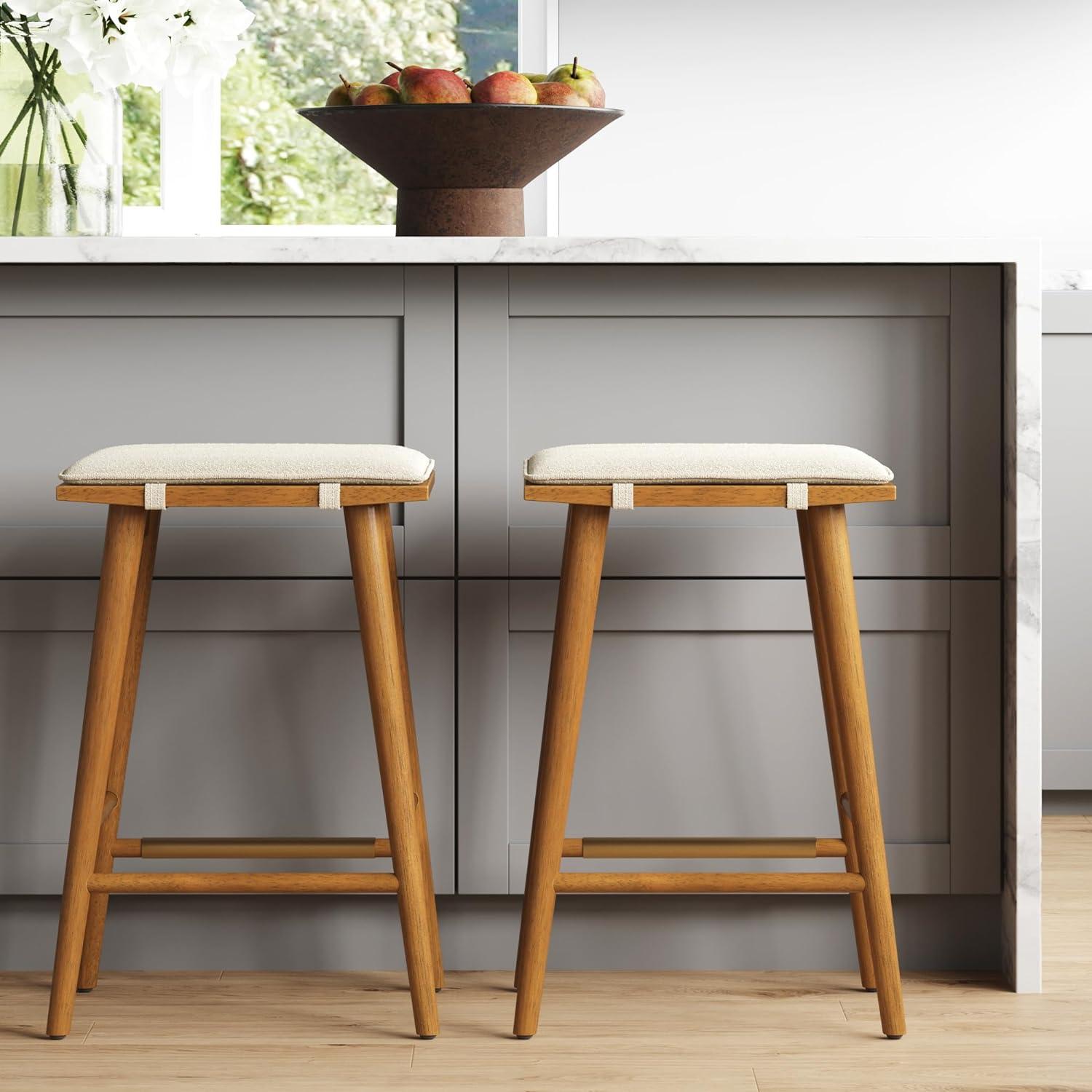 Brown Wood and Metal Backless Saddle Counter Stools, Set of 2