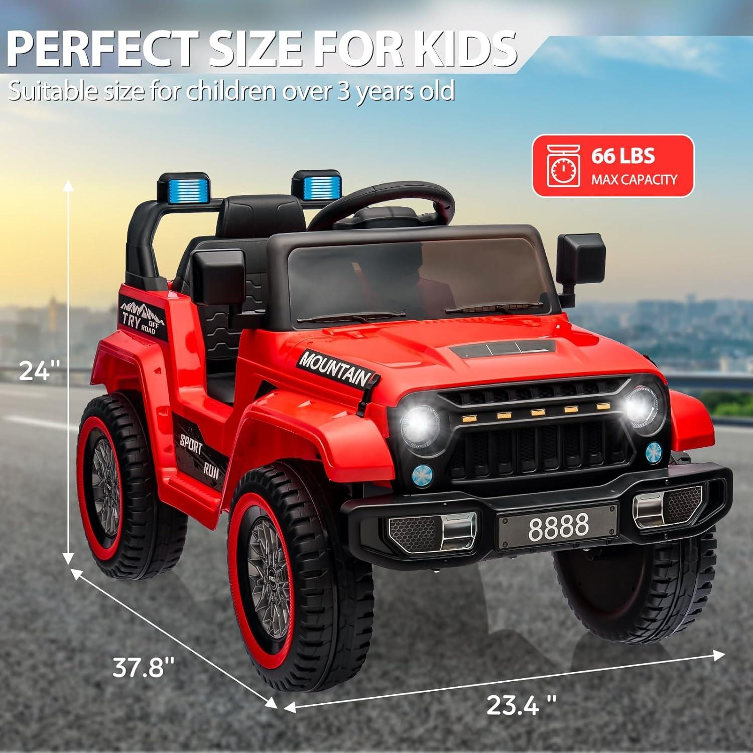 Jojoka Kids Ride On Truck Car, 12V Battery Powered Electric Toys Vehicles with Parent Remote Control, Spring Suspension, 3 Speeds, LED Lights, Music & Horn for Boys & Girls, Red