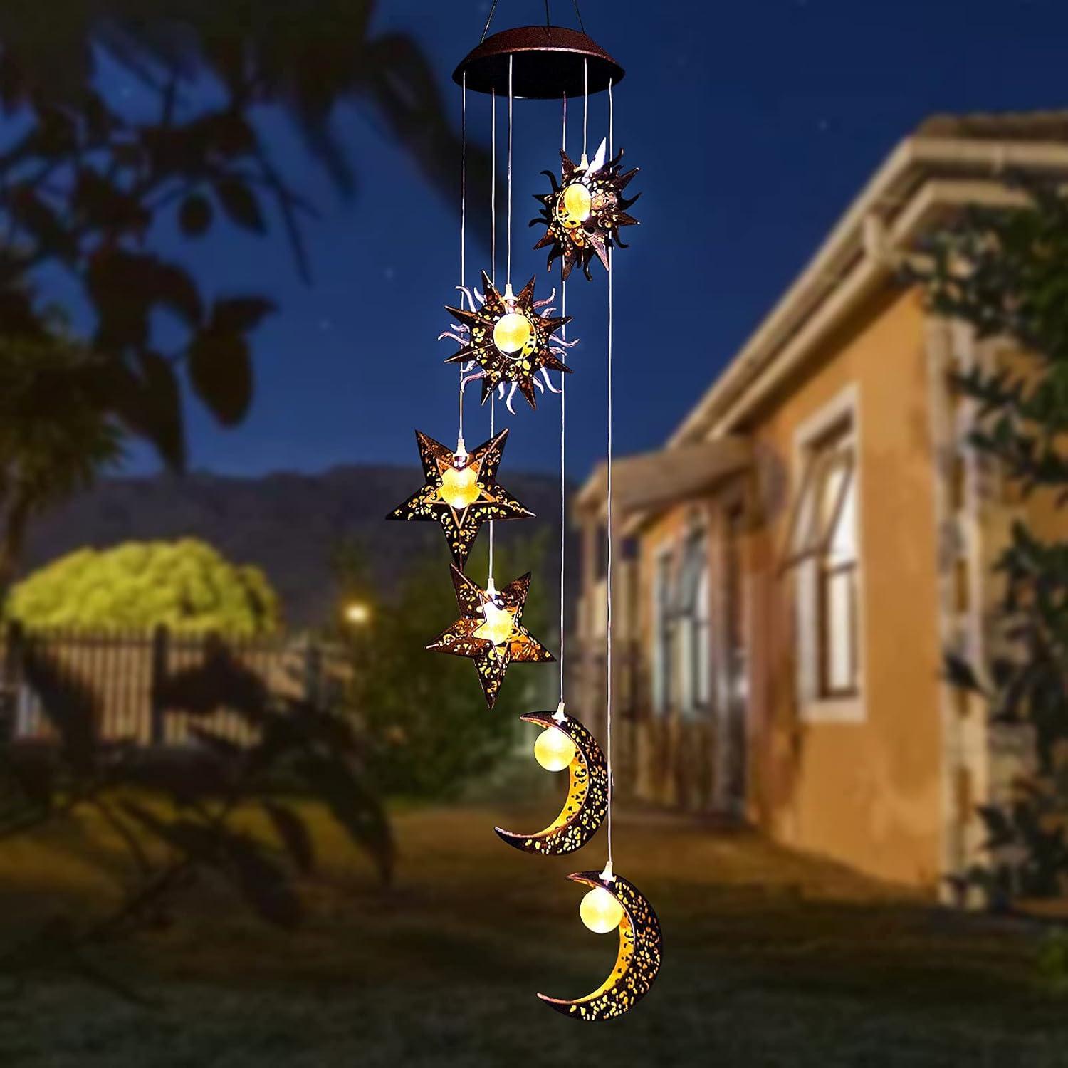 Solar Powered Sun Moon Star Waterproof LED Wind Chimes