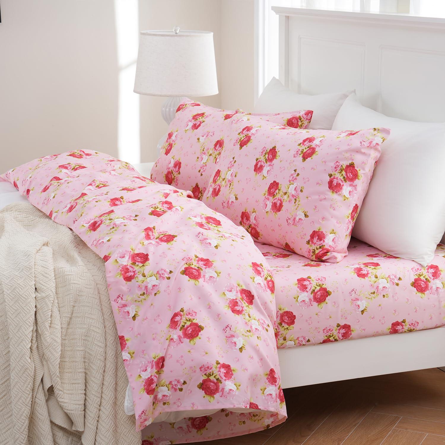 MEISHANG Twin Sheet Set - Floral Sheets Deep Pocket Ultra Soft Brushed Microfiber with Up to 16" Mattresses - Wrinkle Free - 3 Pieces(Twin,Rose Flower)