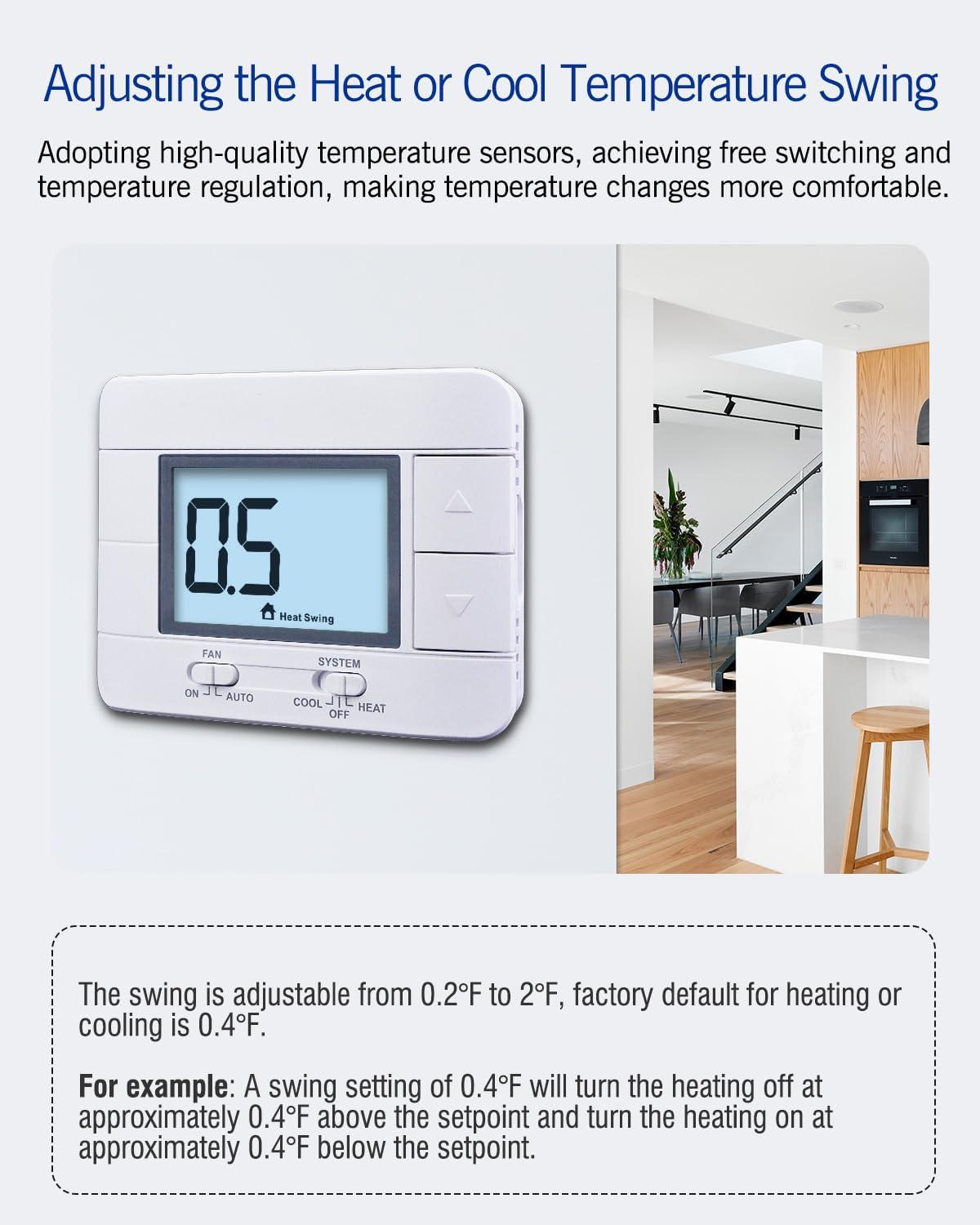 Non Programmable Thermostat for Home 1 Heat/ 1 Cool Single-Stage System, with Room Temperature Monitor (LCD White Backlit Screen)