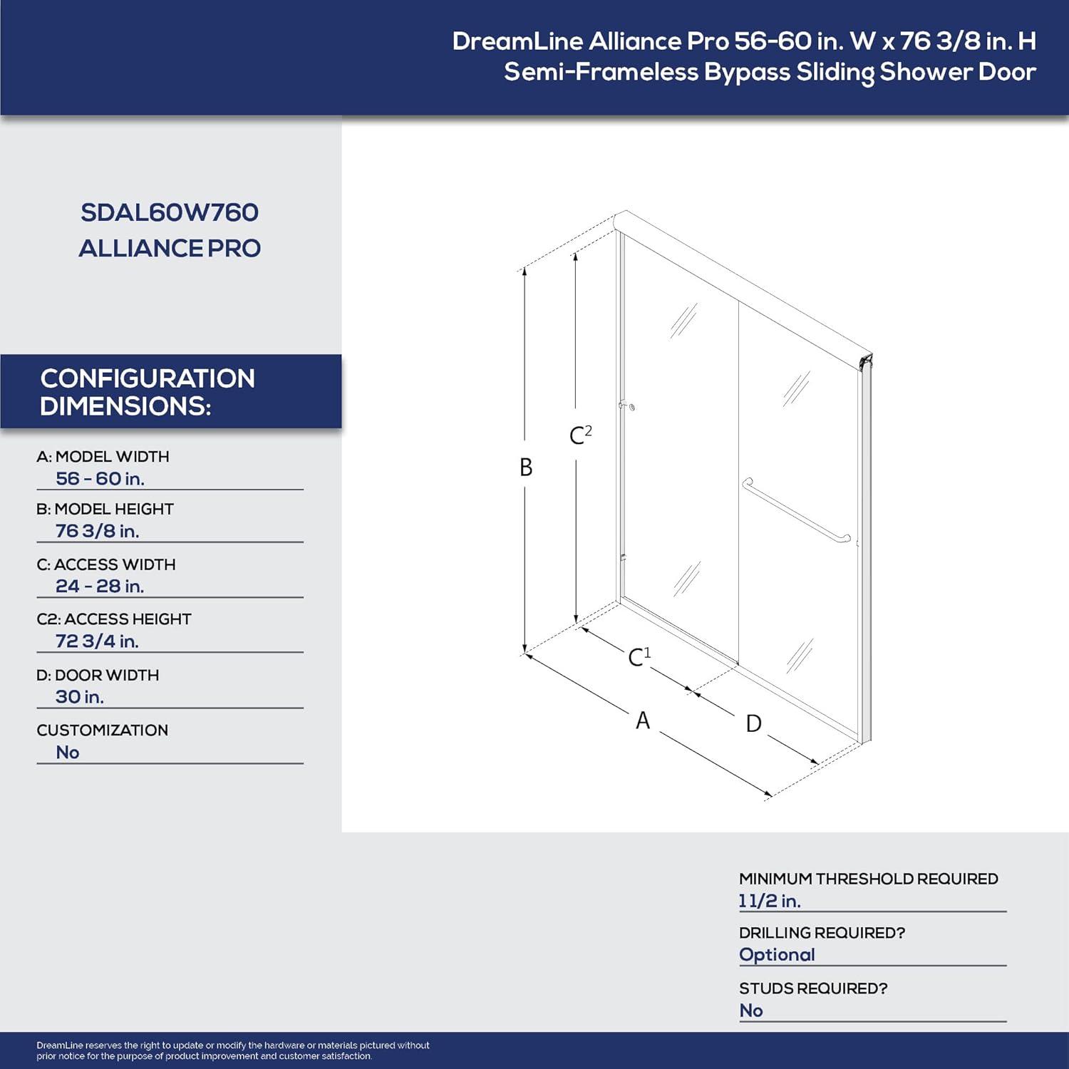 Alliance Pro 56" W x 76" H Bypass Semi-Frameless Shower Door with ClearMax Technology