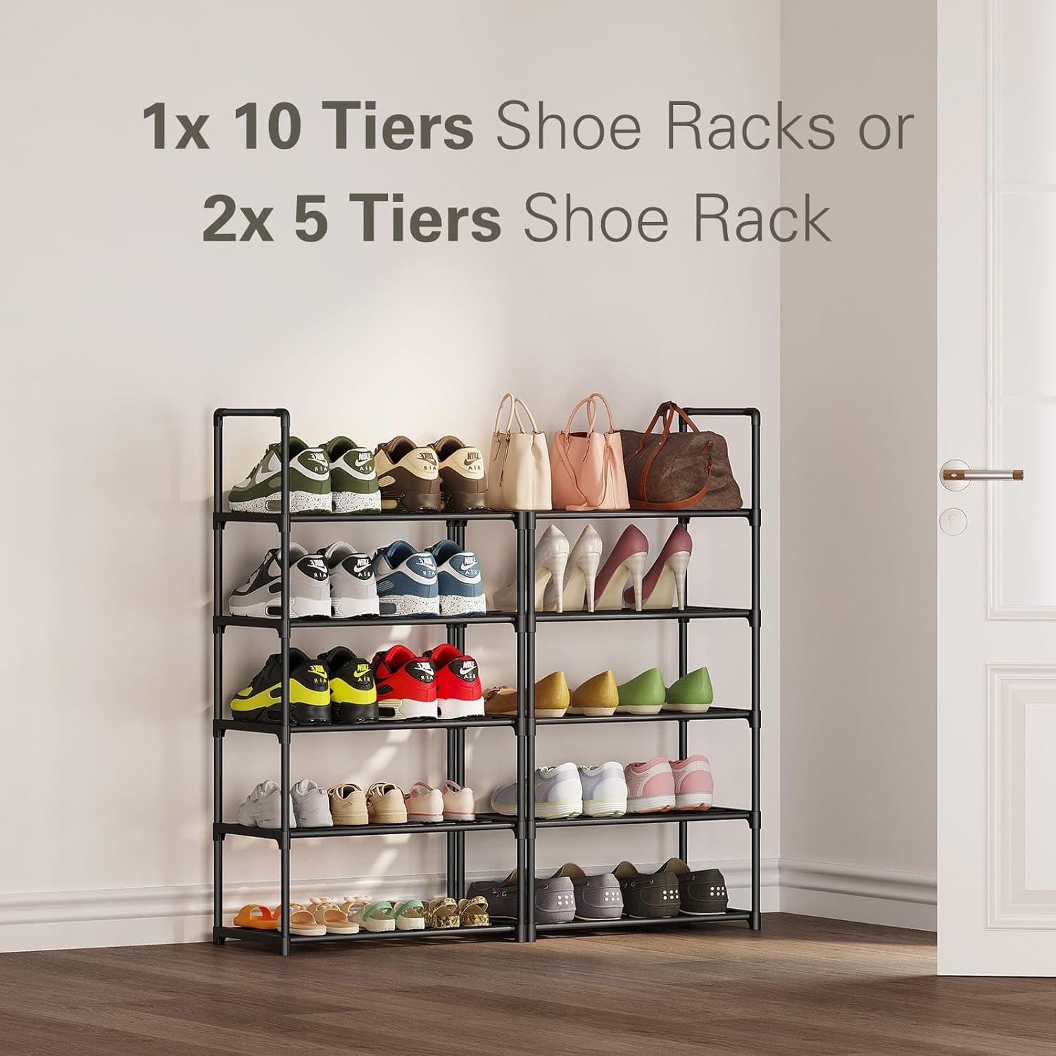 10 Tier Metal Shoes Rack, BUG HULL Narrow Stackable Shoes Shelf with Hooks, Shoe Tower for 20-24 Pairs Shoe and Boots Organizer, Black