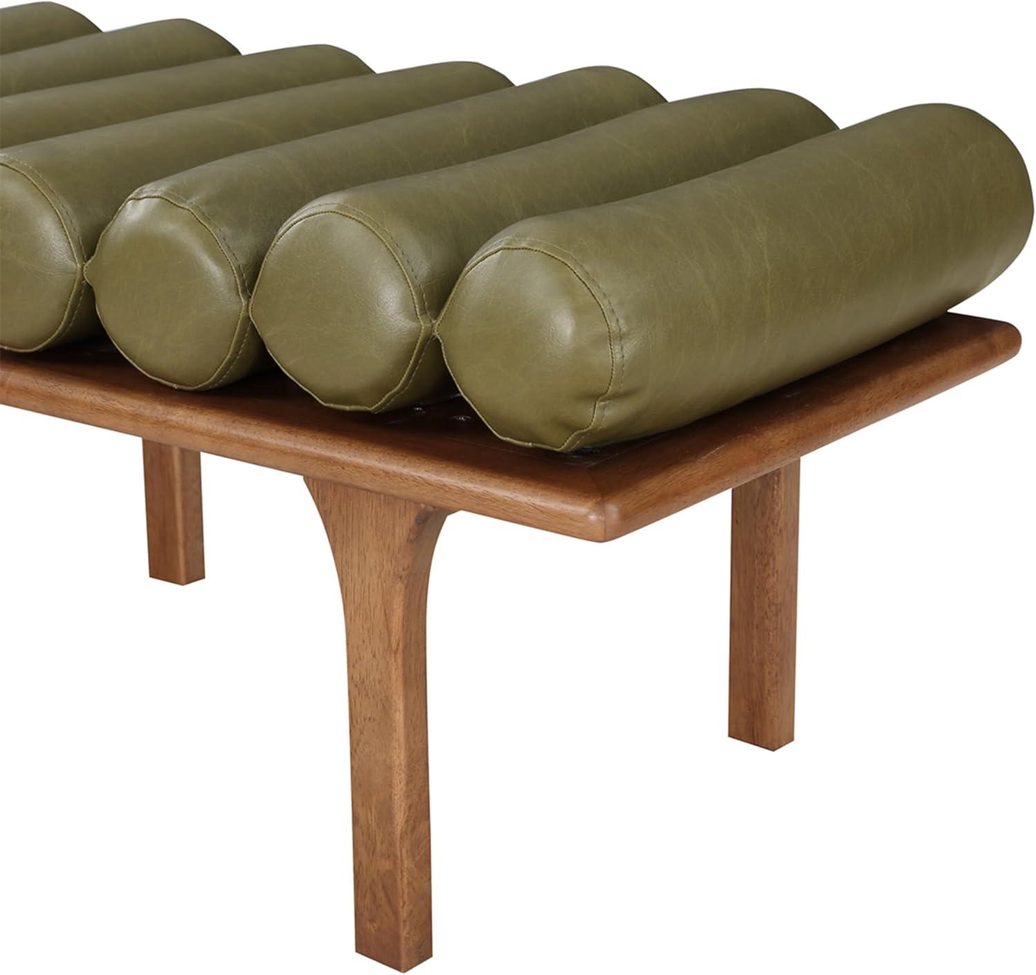 Olive Green Vegan Leather and Walnut Art Deco Bench