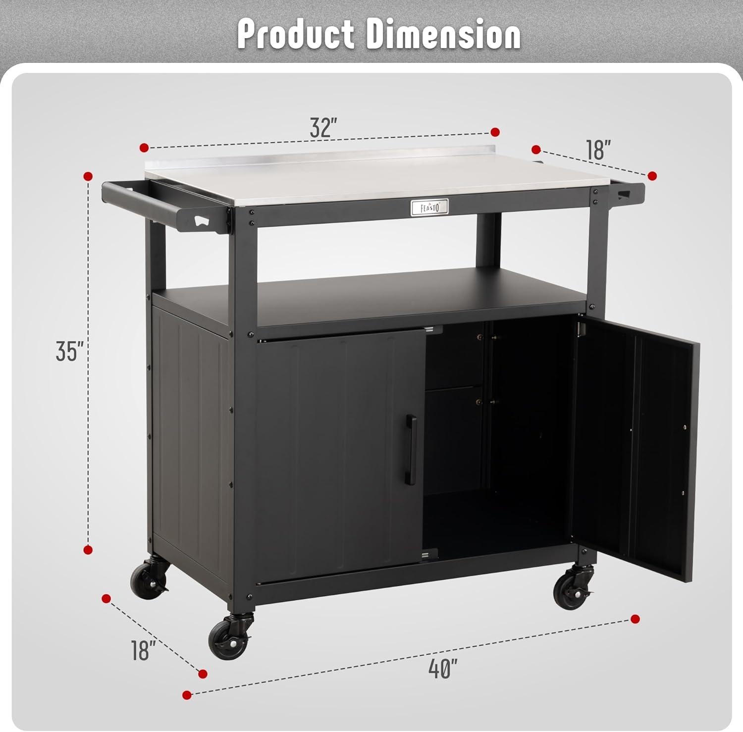 Feasto Feasto 35''H x 32''W Cabinet Utility Cart with Wheels, Outdoor Grill Cart, Rolling Kitchen Cart for BBQ Food Prep