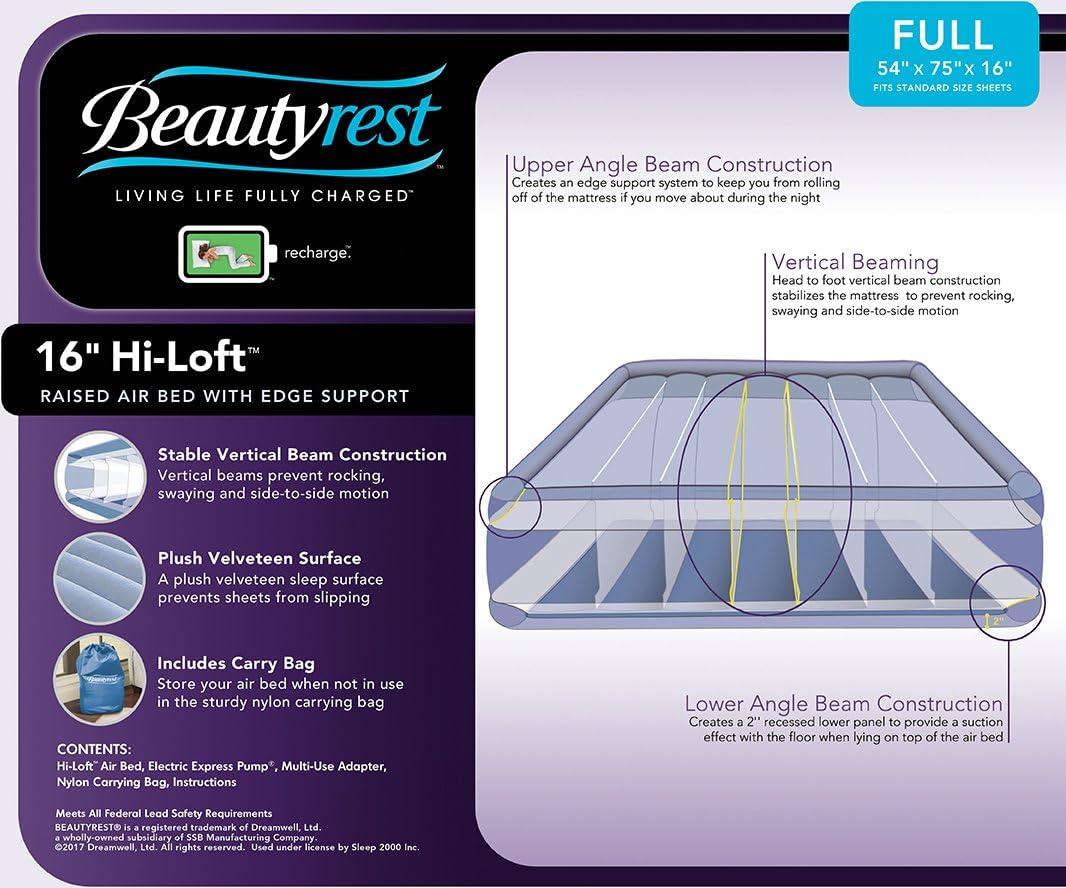 Beautyrest Hi Loft 16" Full Size Air Mattress with External Pump - Blow up Air Bed 1-Year Warranty