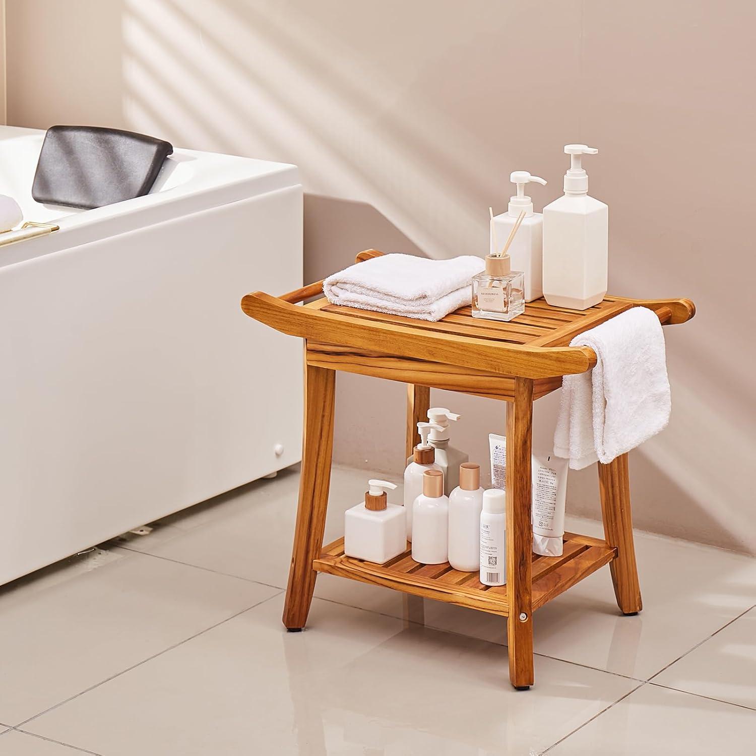 Teak Wood Shower Bench with Handles and Storage Shelf