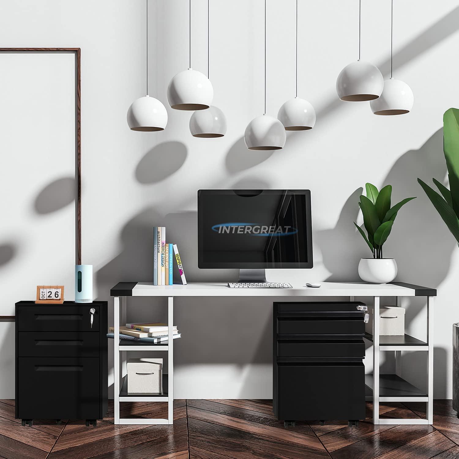MIIIKO File Cabinet 3 Drawers on Wheels Under Desk, Black Metal Rolling File Cabinets with Lock for Home Office, Un-Assembled Filing Cabinet with Lock
