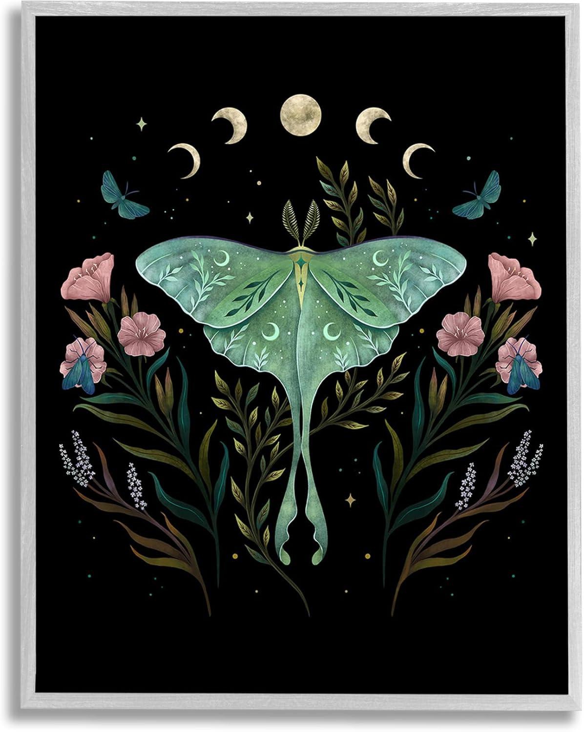 Stupell Industries Luna Moth with Florals Animals & Insects Painting Gray Framed Art Print Wall Art, 11 x 14