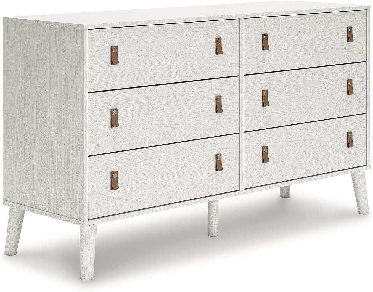 White Contemporary 6-Drawer Dresser with Faux Leather Pulls