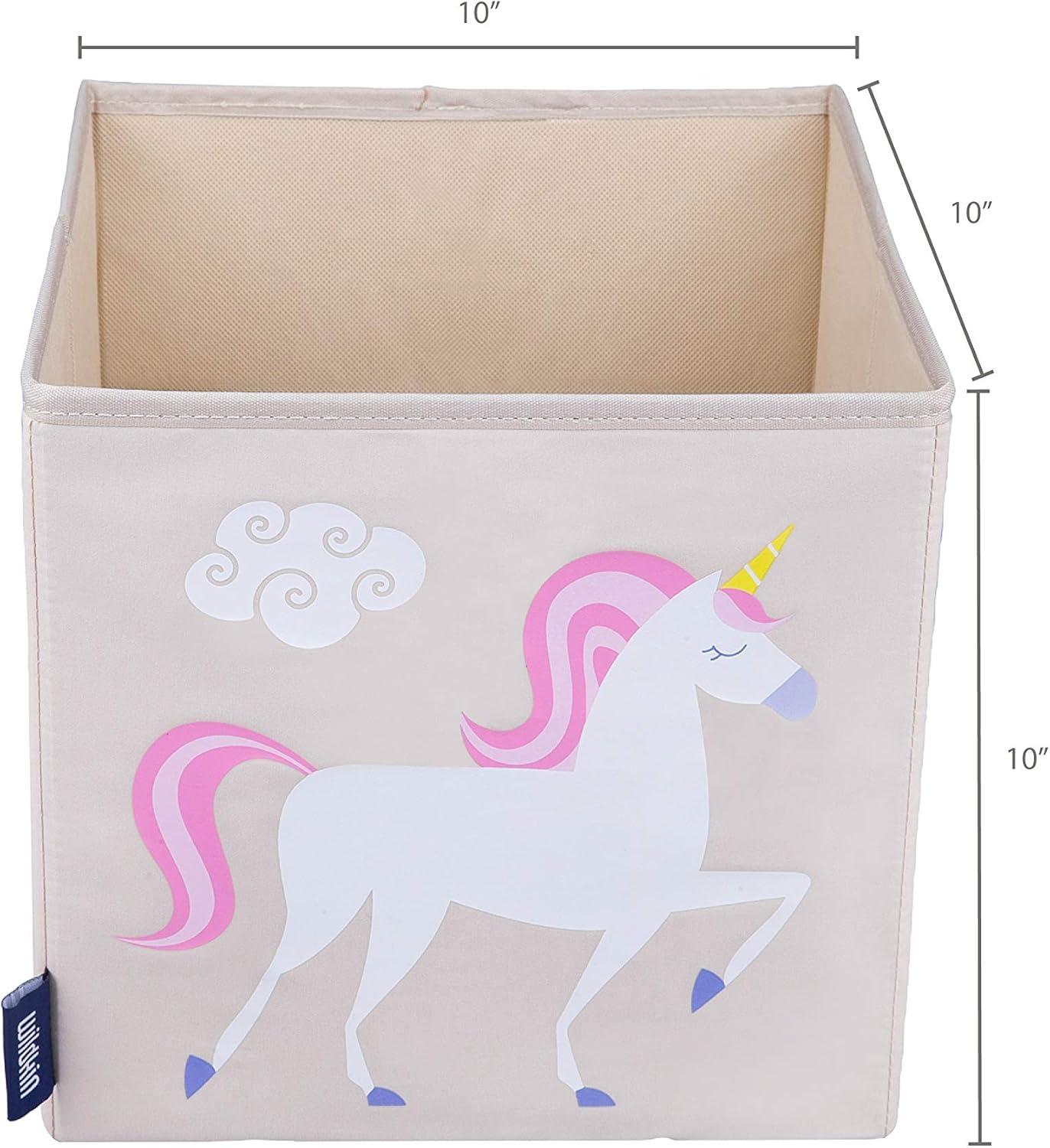 Unicorn Print Beige Fabric Collapsible Kids Storage Cube