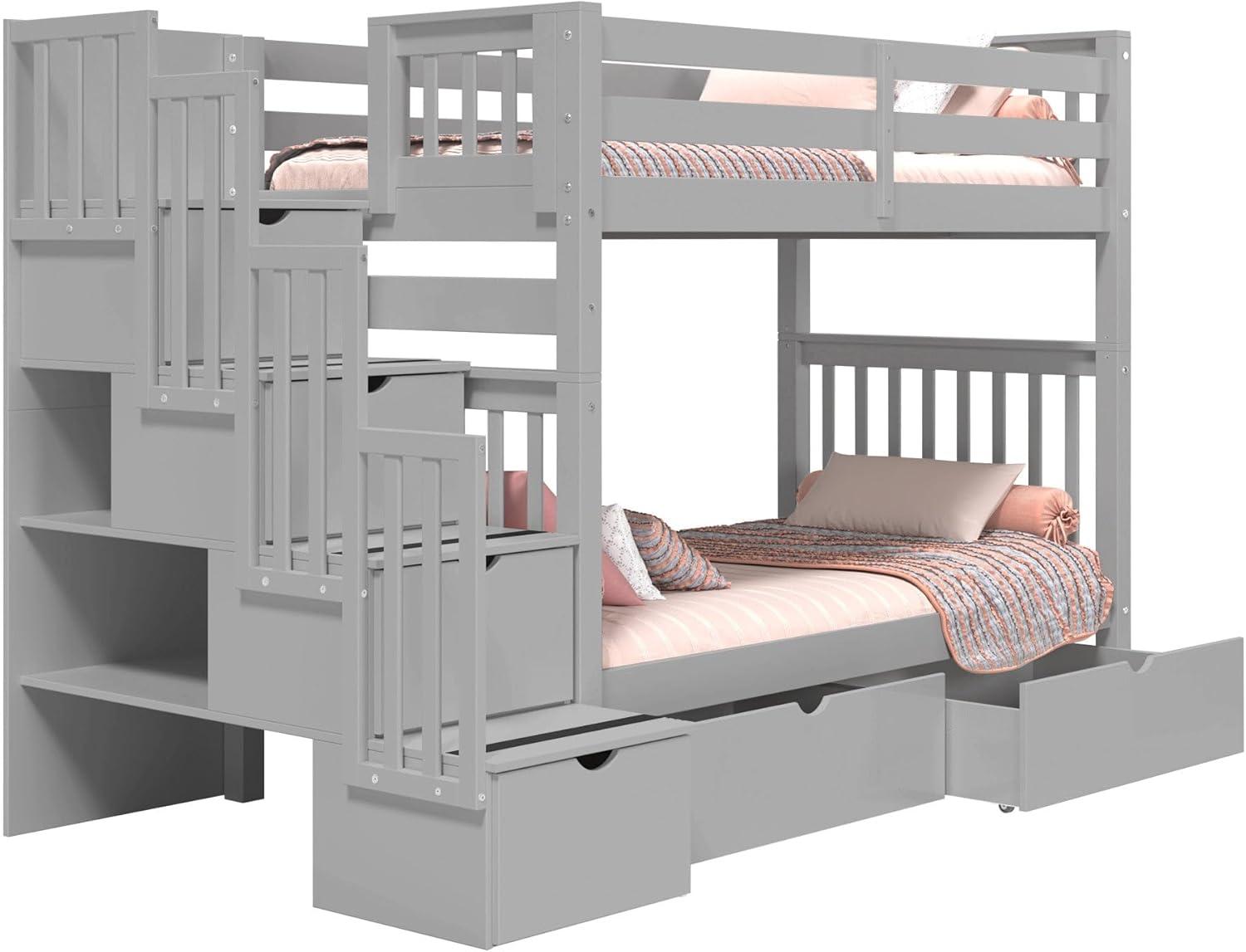Bedz King Tall Stairway Bunk Beds Twin over Twin with 4 Drawers in the Steps and 2 Under Bed Drawers, Gray