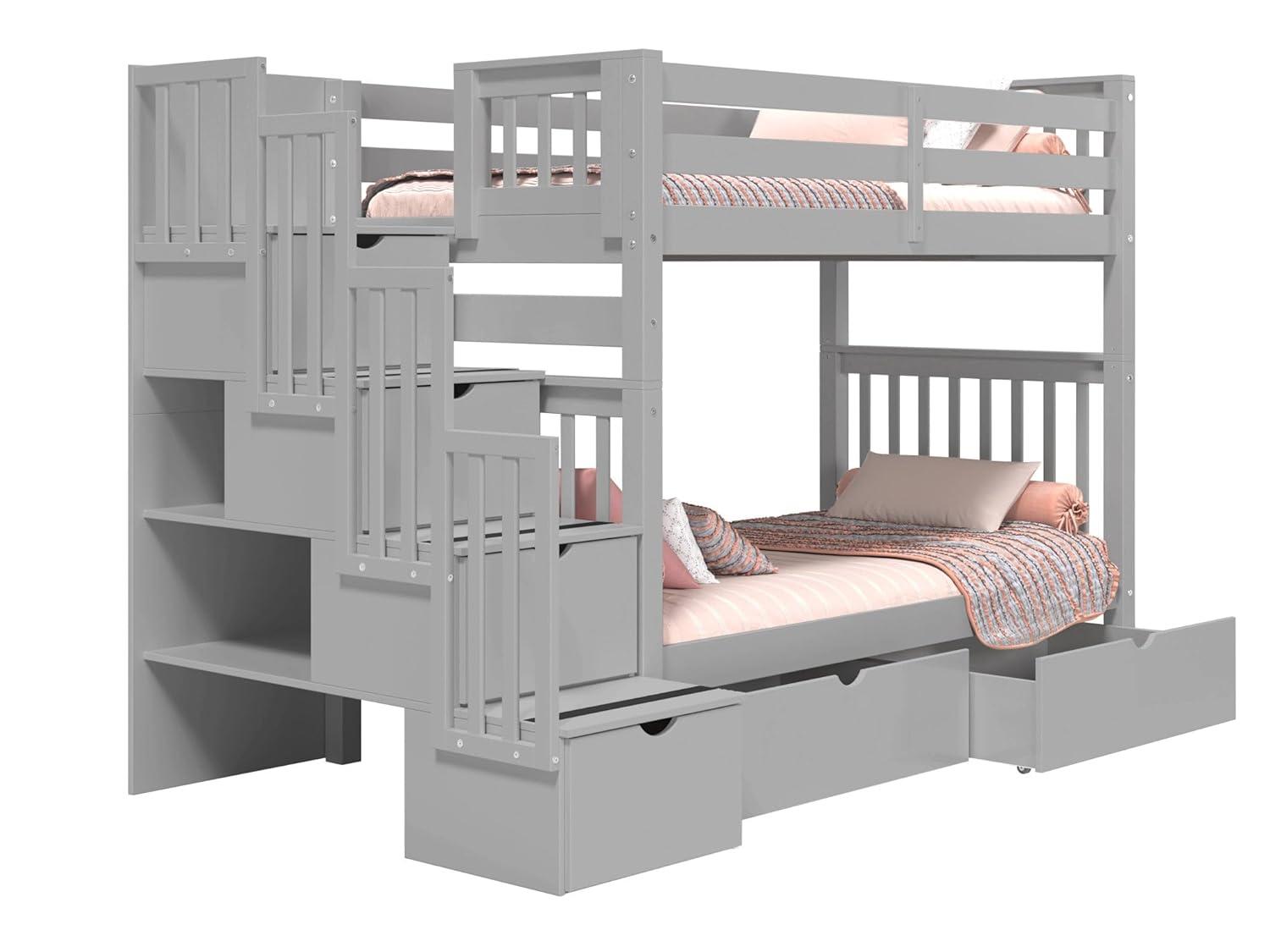 Bedz King Tall Stairway Bunk Beds Twin over Twin with 4 Drawers in the Steps and 2 Under Bed Drawers, Gray