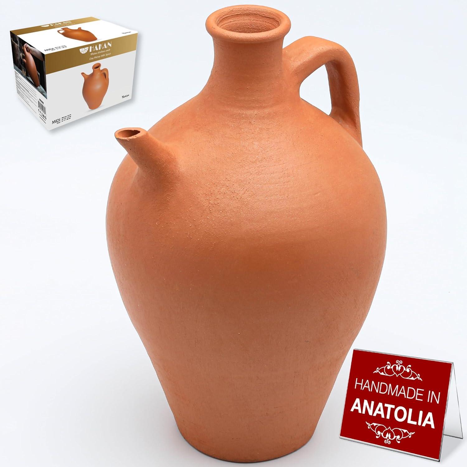 Hakan Handmade Traditional Unglazed Clay Pitcher with Spout, Earthenware Beverage Jar from Cappadocia, Pottery Mud Water Jug, Midi, 2.6 Qt