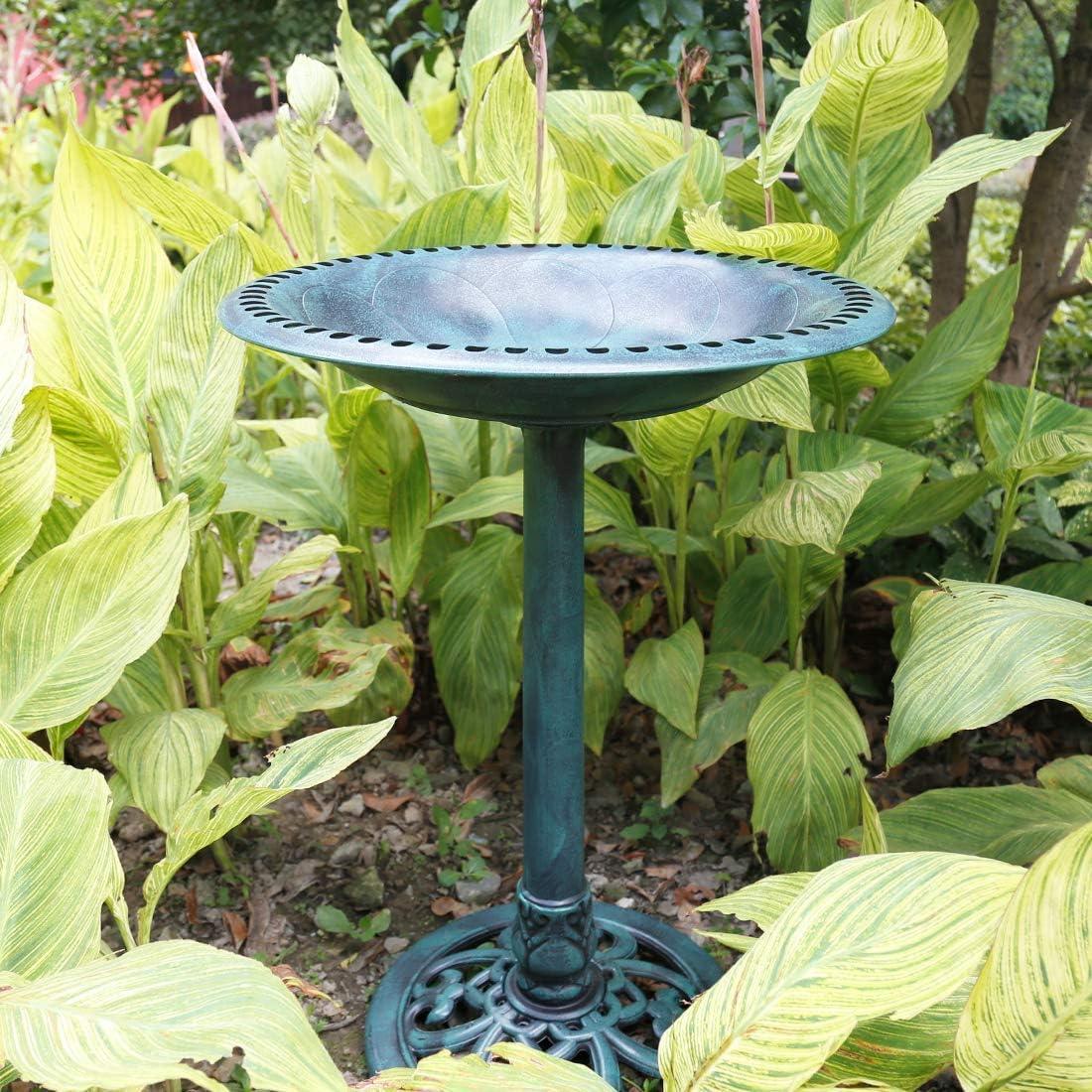 SPECSTAR Bird Bath, Polyresin Antique Outdoor Green Garden Birdbath and Solar Powered Round Pond Fountain Combo Set