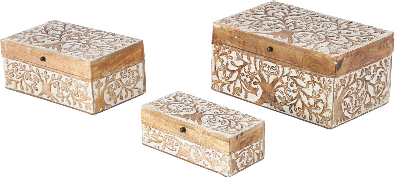 Olivia & May Set of 3 Rustic Carved Mango Wood Boxes : Handmade Keepsake Storage