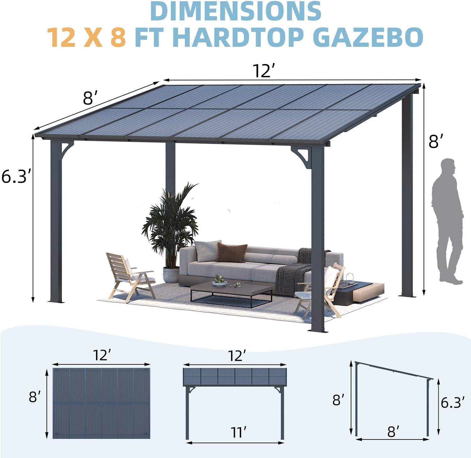 AECOJOY Wall Mounted Gazebos Pergola Gazebo Awnings for Backyard 12'×8' - Dark Grey