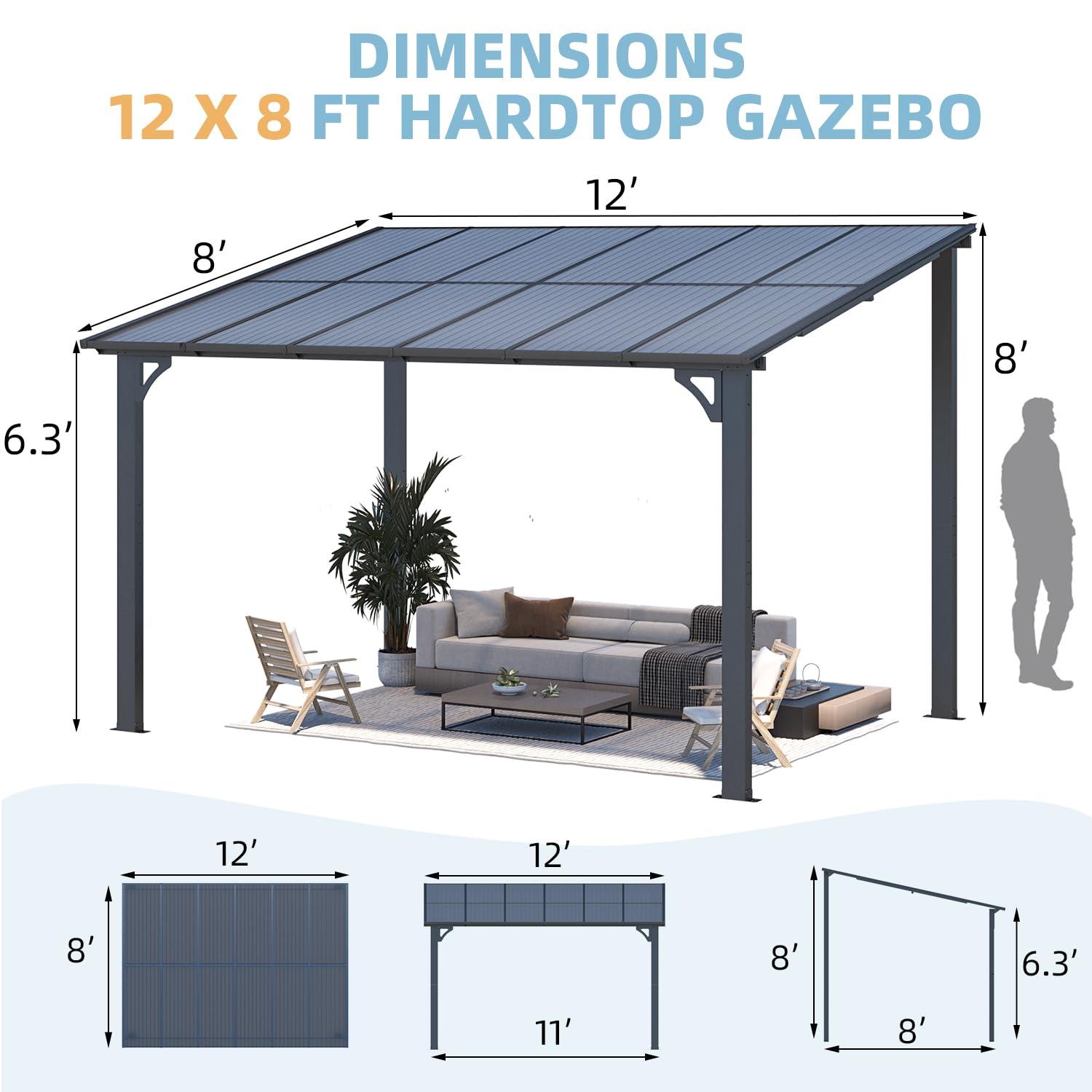 AECOJOY Wall Mounted Gazebos Pergola Gazebo Awnings for Backyard 12'×8' - Dark Grey