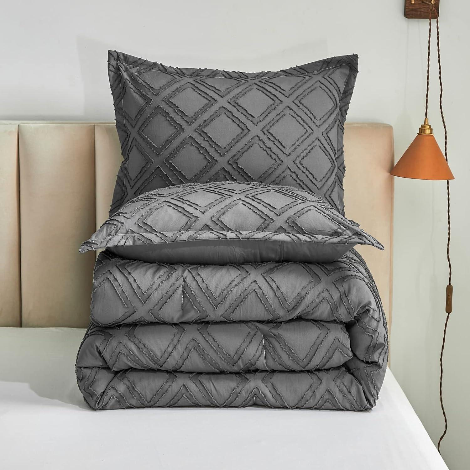 Gray Microfiber King Bed in a Bag Set with Tufted Design