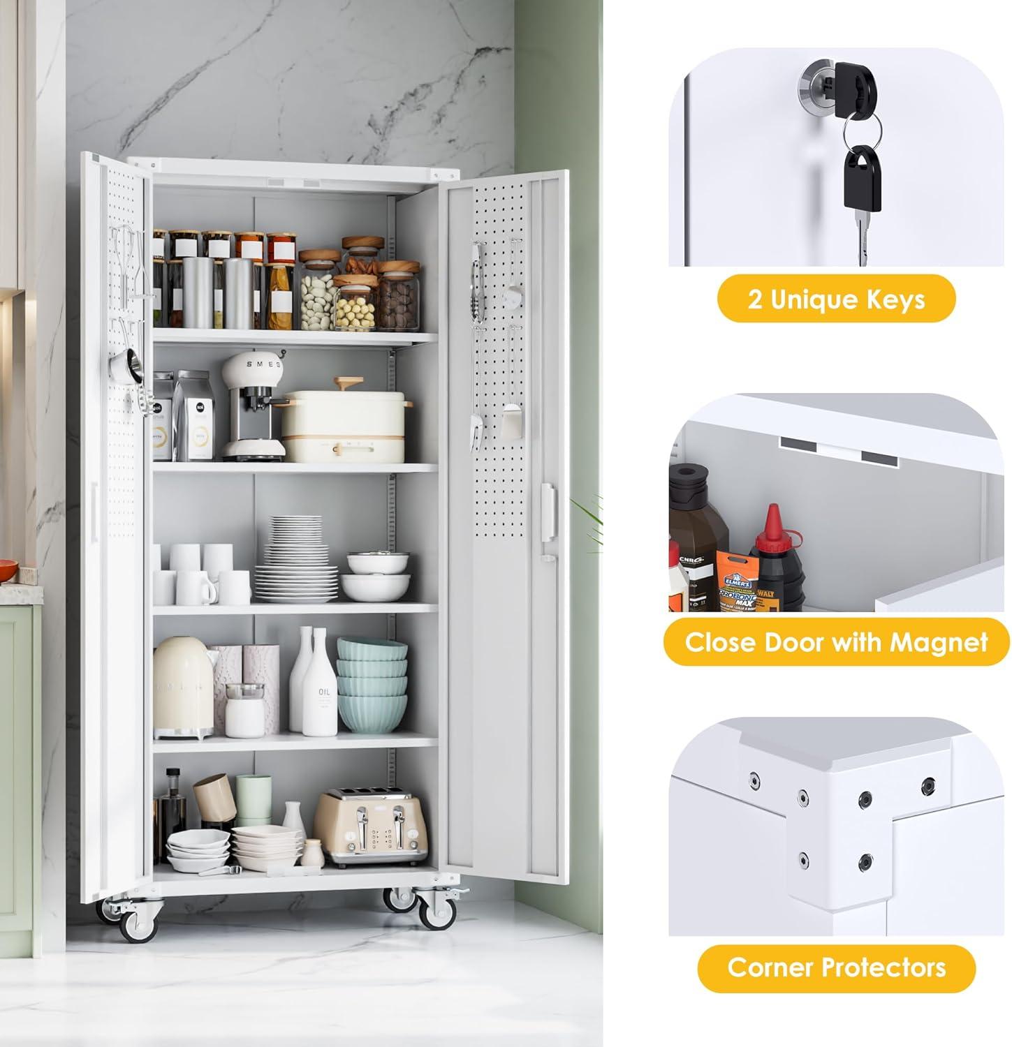 Aobabo Metal Storage Cabinet with Wheels & Pegboards,Office Storage Cabinet with Lock & Shelves,72'' H Steel Garage Cabinet for Office Home Storage,White Required-Assembly