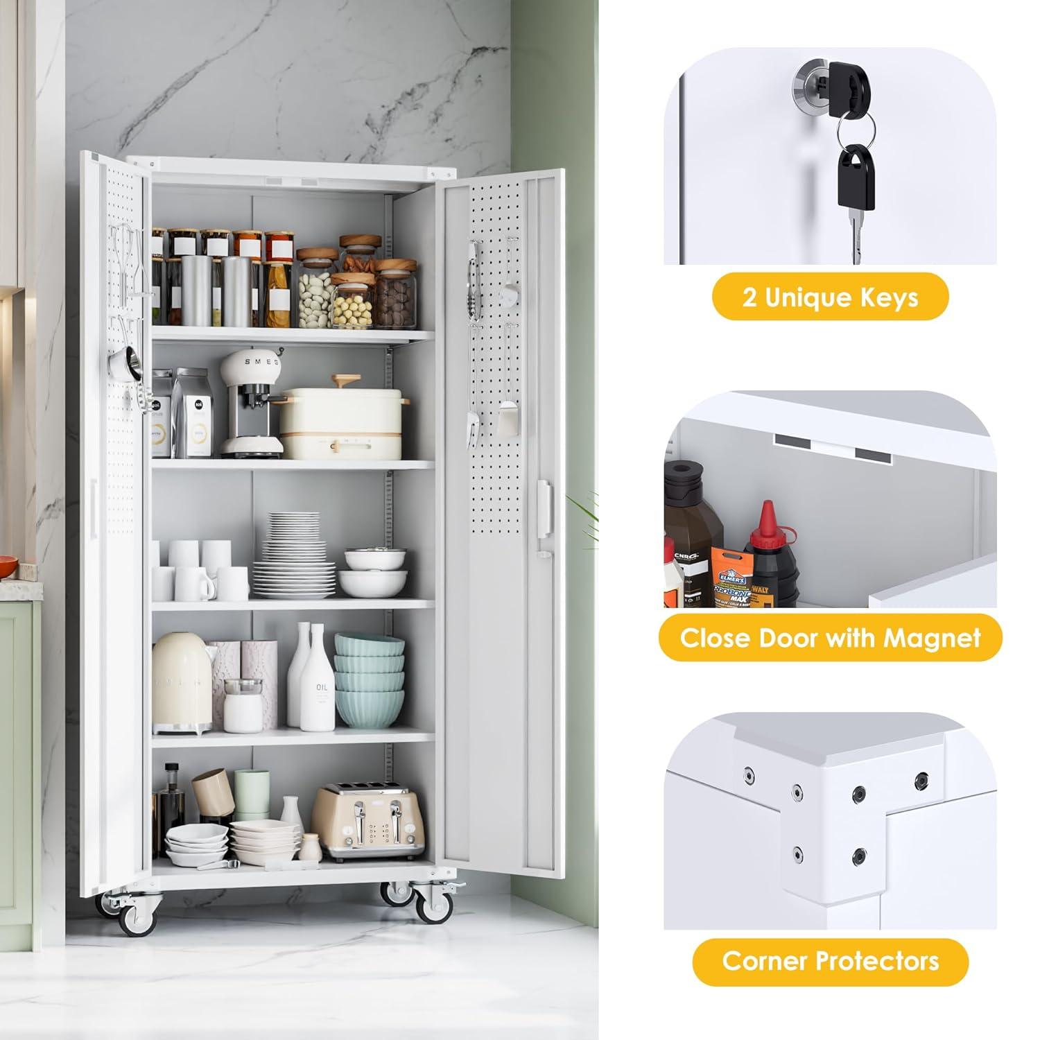 AOBABO 72 Inch Locking Metal Garage Home Office Storage Cabinet with Universal Rubber Wheels/Lockable Casters and Magnetic Doors, White