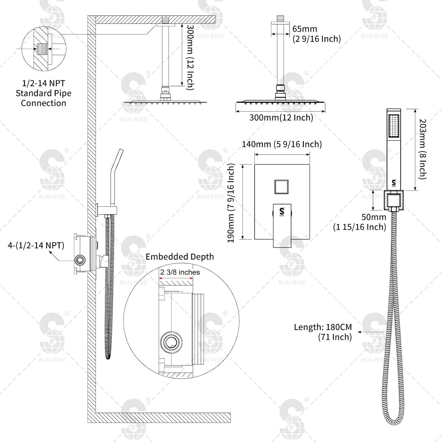 12 Inch Ceiling Mounted Shower System Rain Mixer Shower Combo Set Rainfall Shower Head System