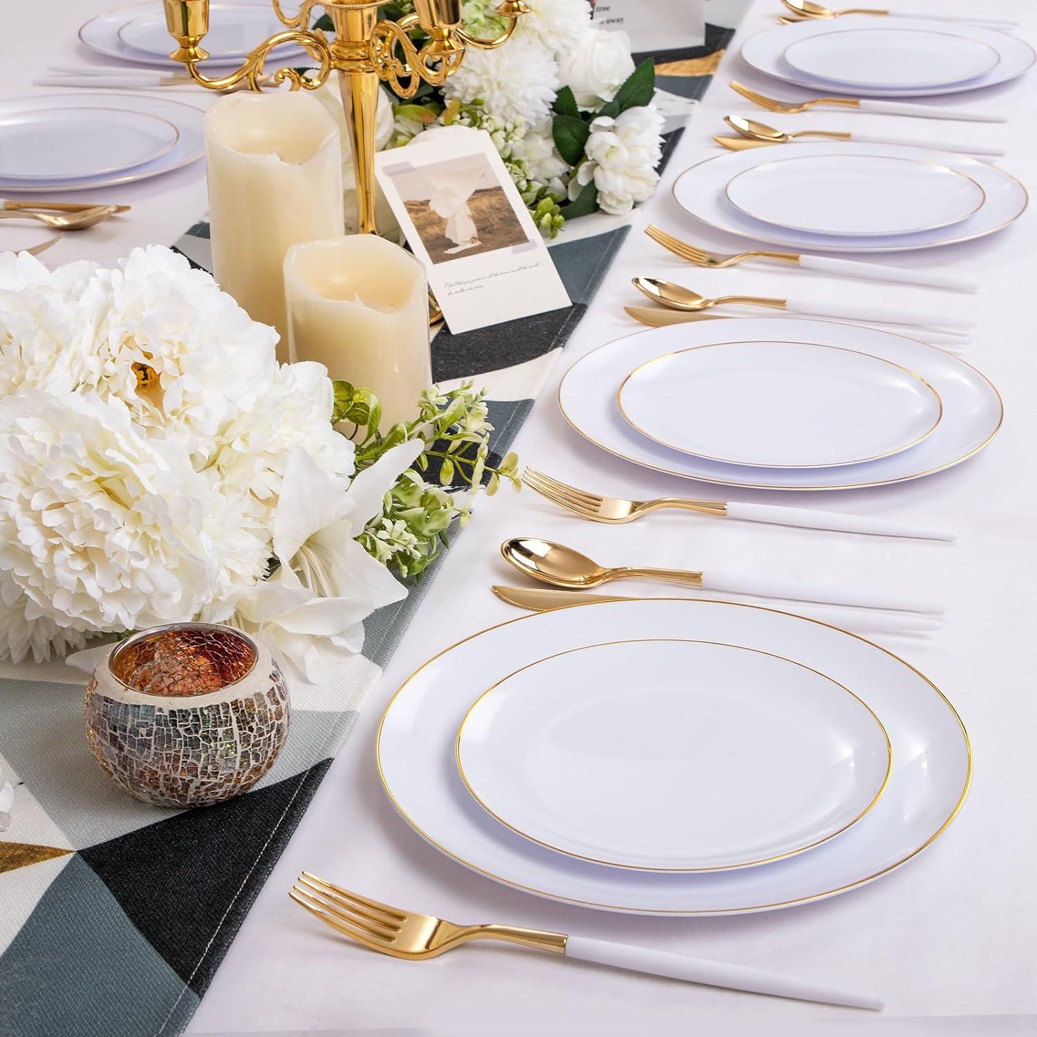 White and Gold Round Plastic Dinnerware Set for 30 Guests