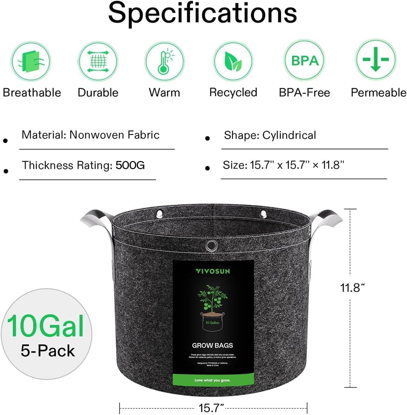 VIVOSUN 5-Pack 3 Gallon Grow Bags, 500G Thick Nonwoven Fabric Pots with Strap Handles, Multi-Purpose Rings, for Low Stress Plant Training Fruits, Vegetables, and Flowers