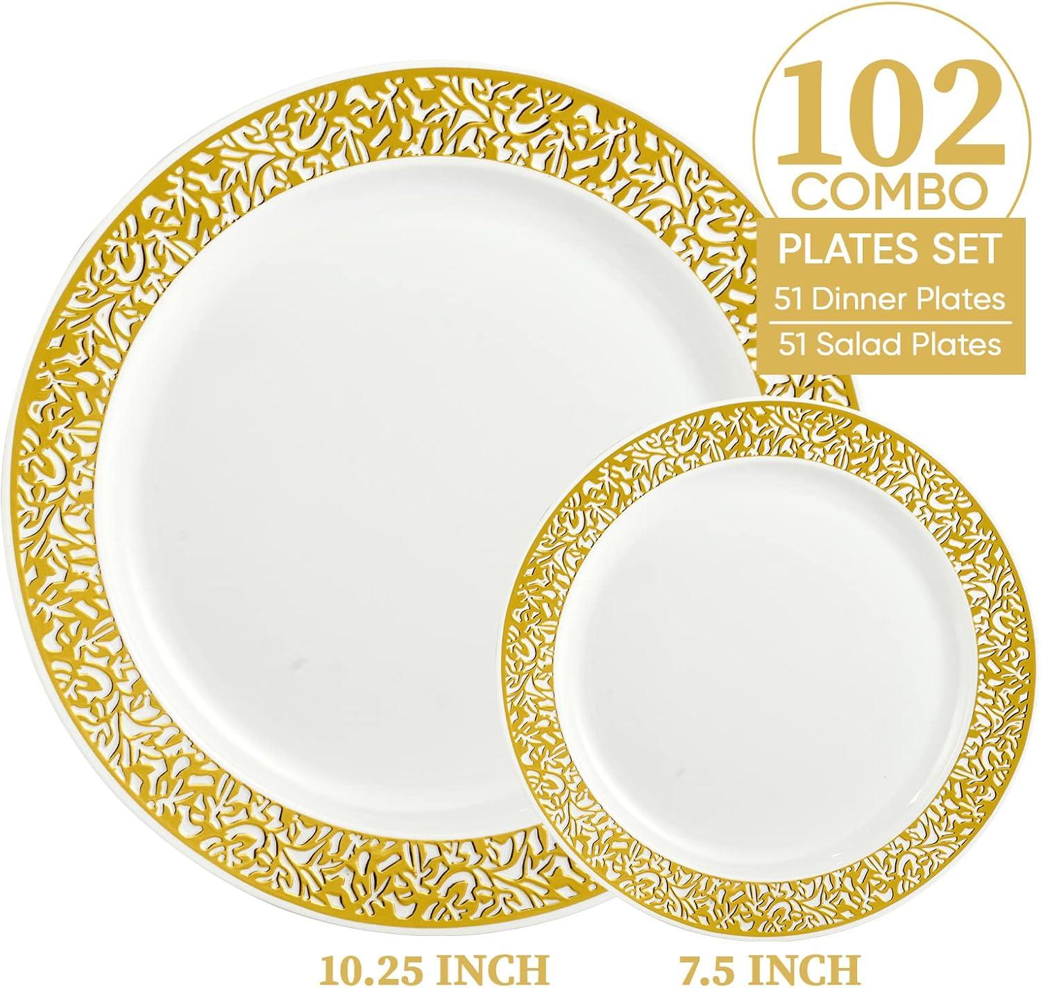 FOCUSLINE Gold Plastic Plates Set of 102, Disposable Plates with Gold Lace 51 Dinner Plate 10.25 Inch & 51 Salad Dessert Appetizer Plate 7.5 Inch, Elegant Fancy Heavy Duty Wedding Party Plates