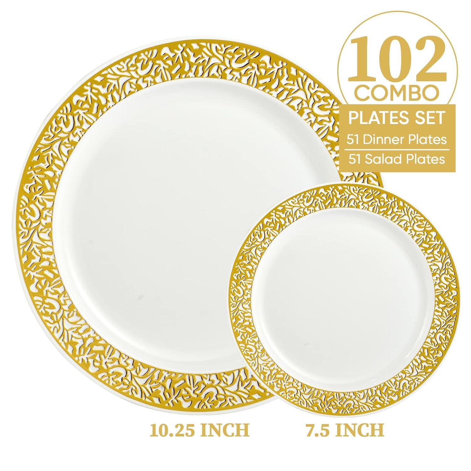 FOCUSLINE Gold Plastic Plates Set of 102, Disposable Plates with Gold Lace 51 Dinner Plate 10.25 Inch & 51 Salad Dessert Appetizer Plate 7.5 Inch, Elegant Fancy Heavy Duty Wedding Party Plates