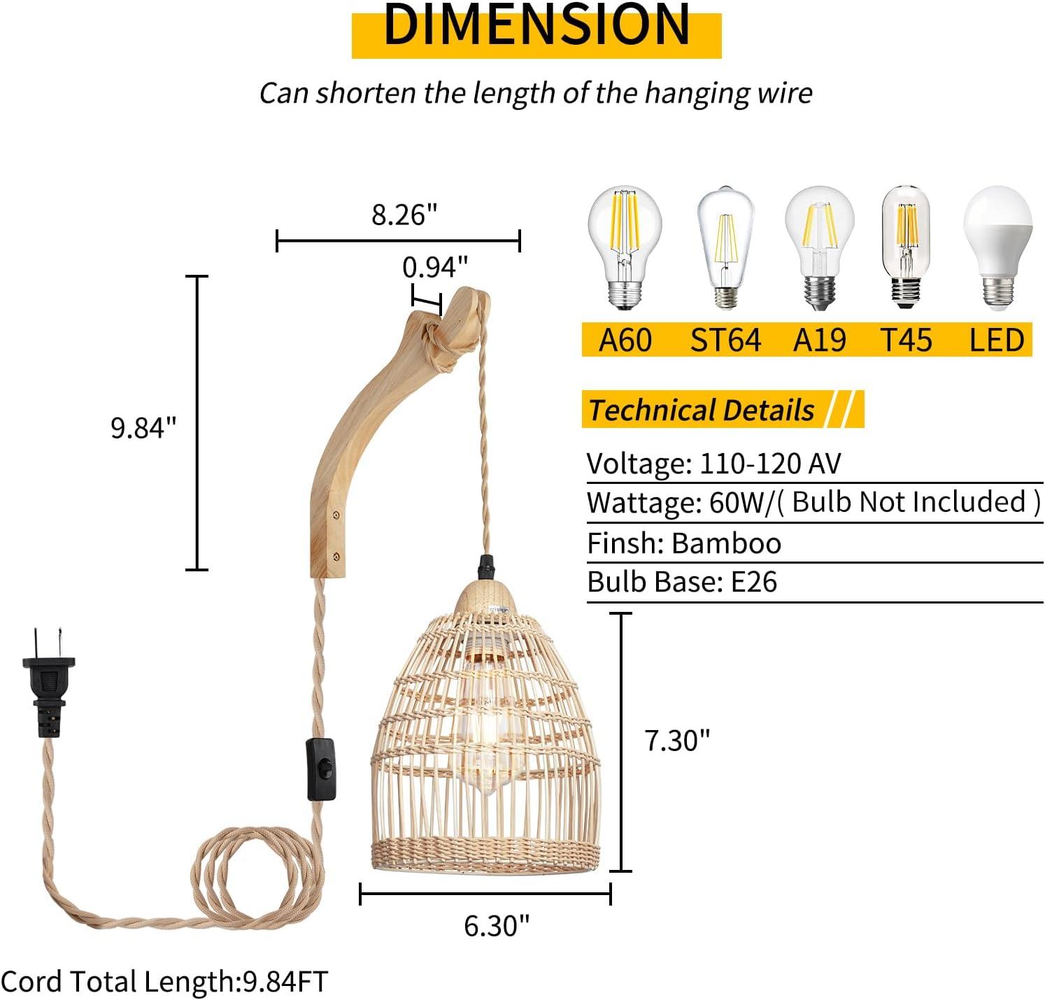Bay Isle Home™ Cateno Bamboo Wall Sconces Set Of Two Plug In, Boho Wall Lamp With Plug In Cord, Farmhouse Wall Light Fixtures With 9.84FT On/Off Switch Cord, Rattan Sconces Wall Lighting For Bedroom Living Room (Set of 2)