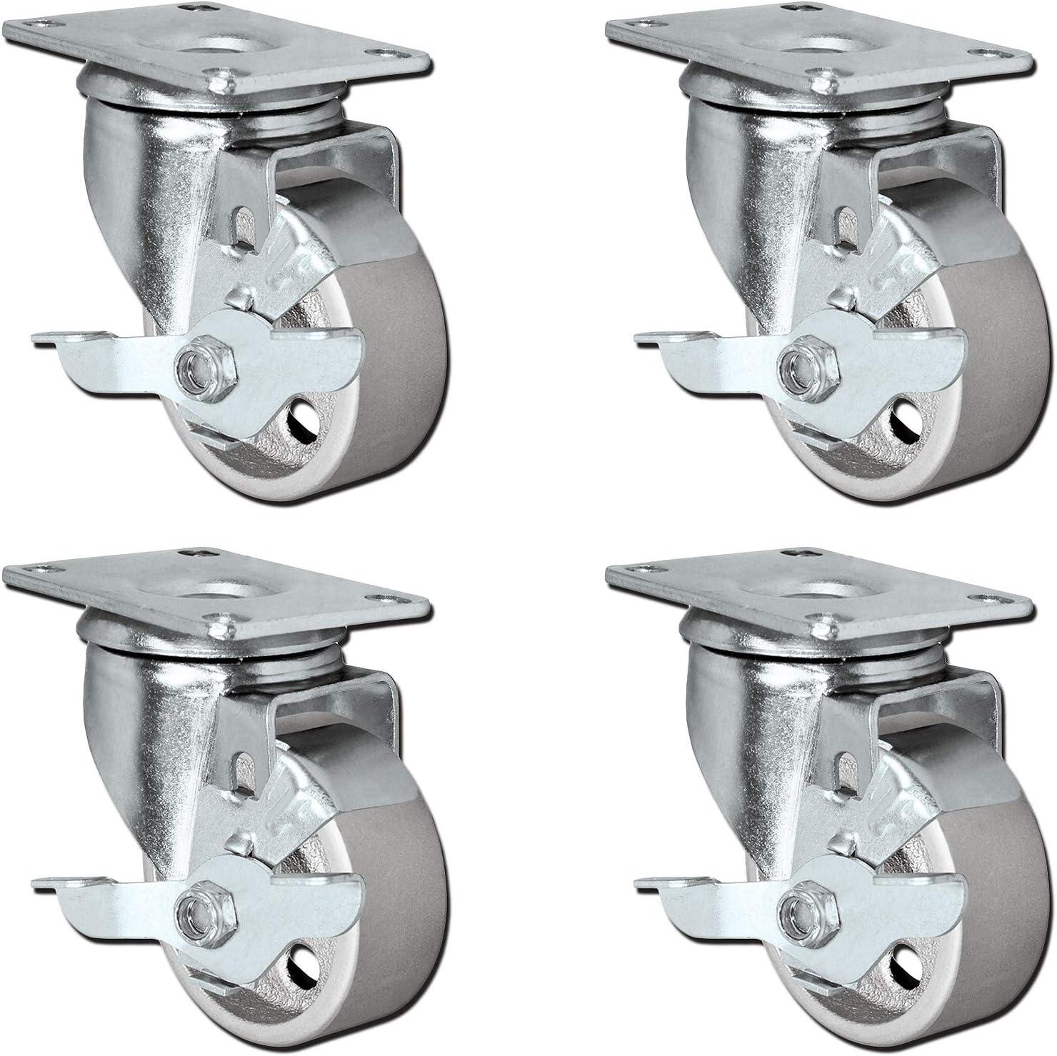 Set of 4 Heavy Duty Steel Swivel Plate Caster Wheels with Brakes