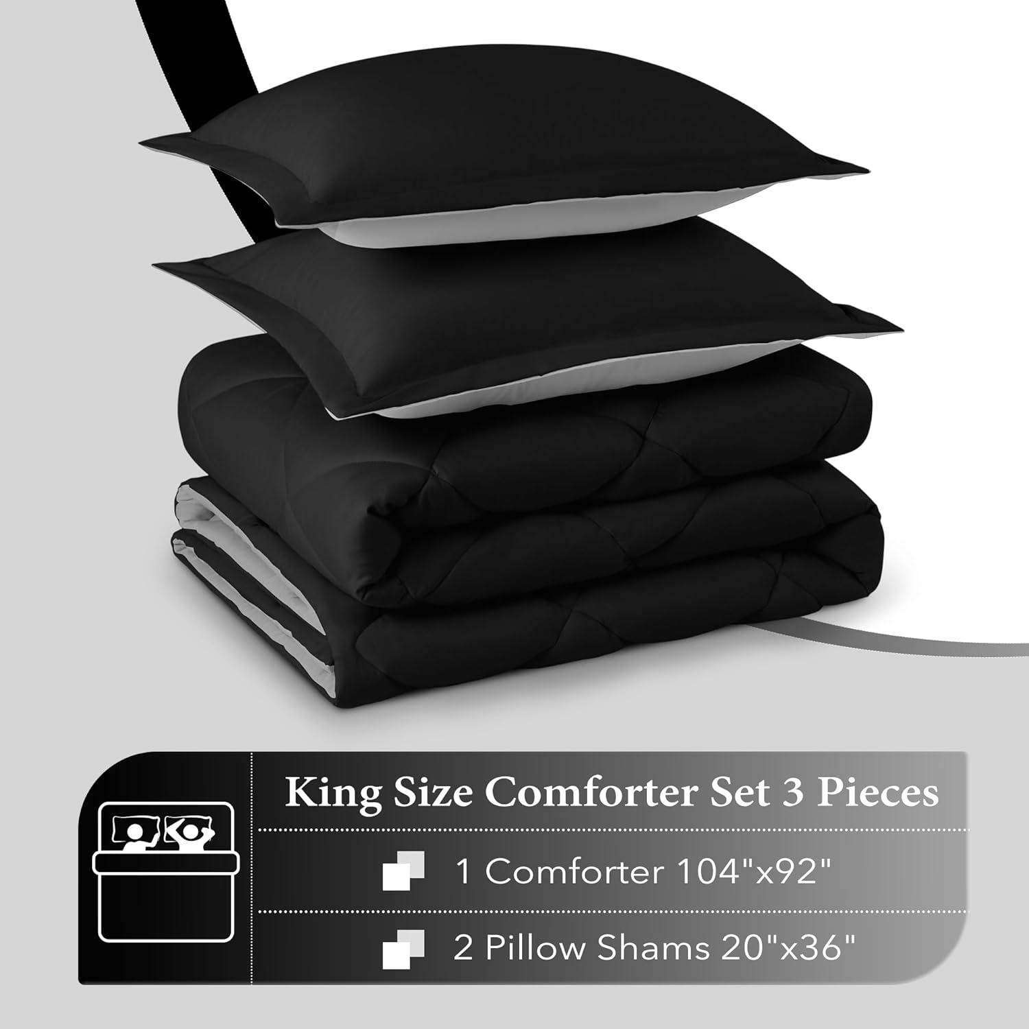 DOWNCOOL Comforter King Size, Reversible Duvet Insert,Black/Grey All Season Blanket, Lightweight Quilt, Down Alternative Hotel Comforter with Corner Tabs (Black/Gray, King 102x90 Inches)