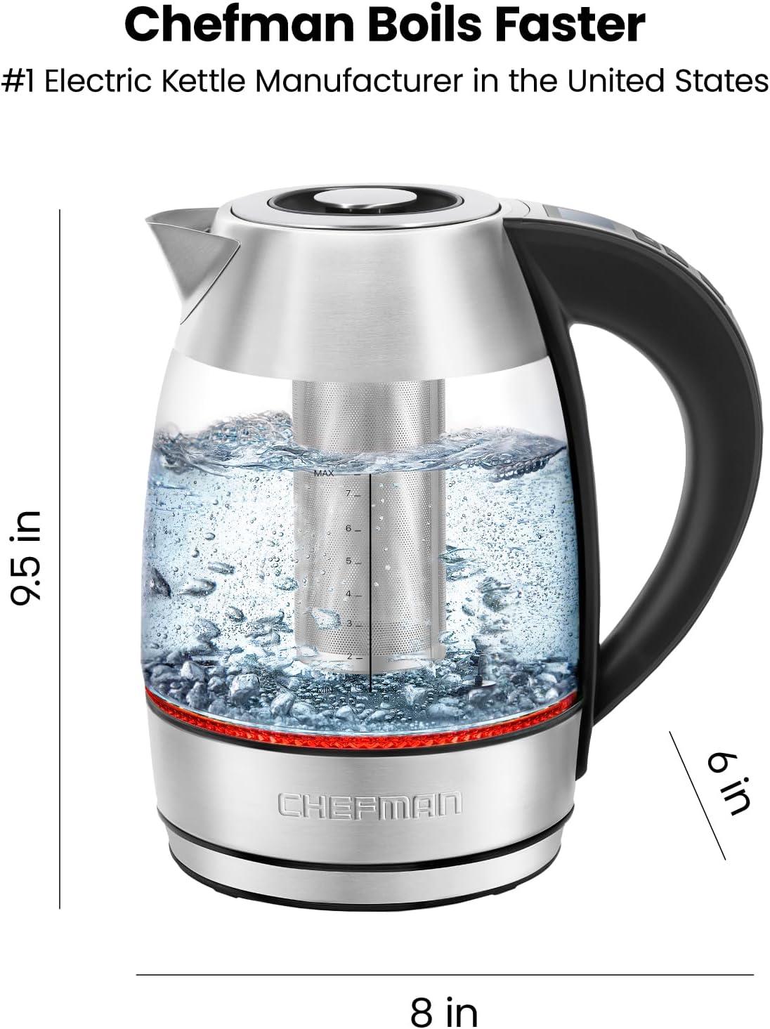 Chefman 1.8L Digital Rapid-Boil Glass Kettle w/ 7 Temperature Presets and Tea Infuser - Stainless Steel, New