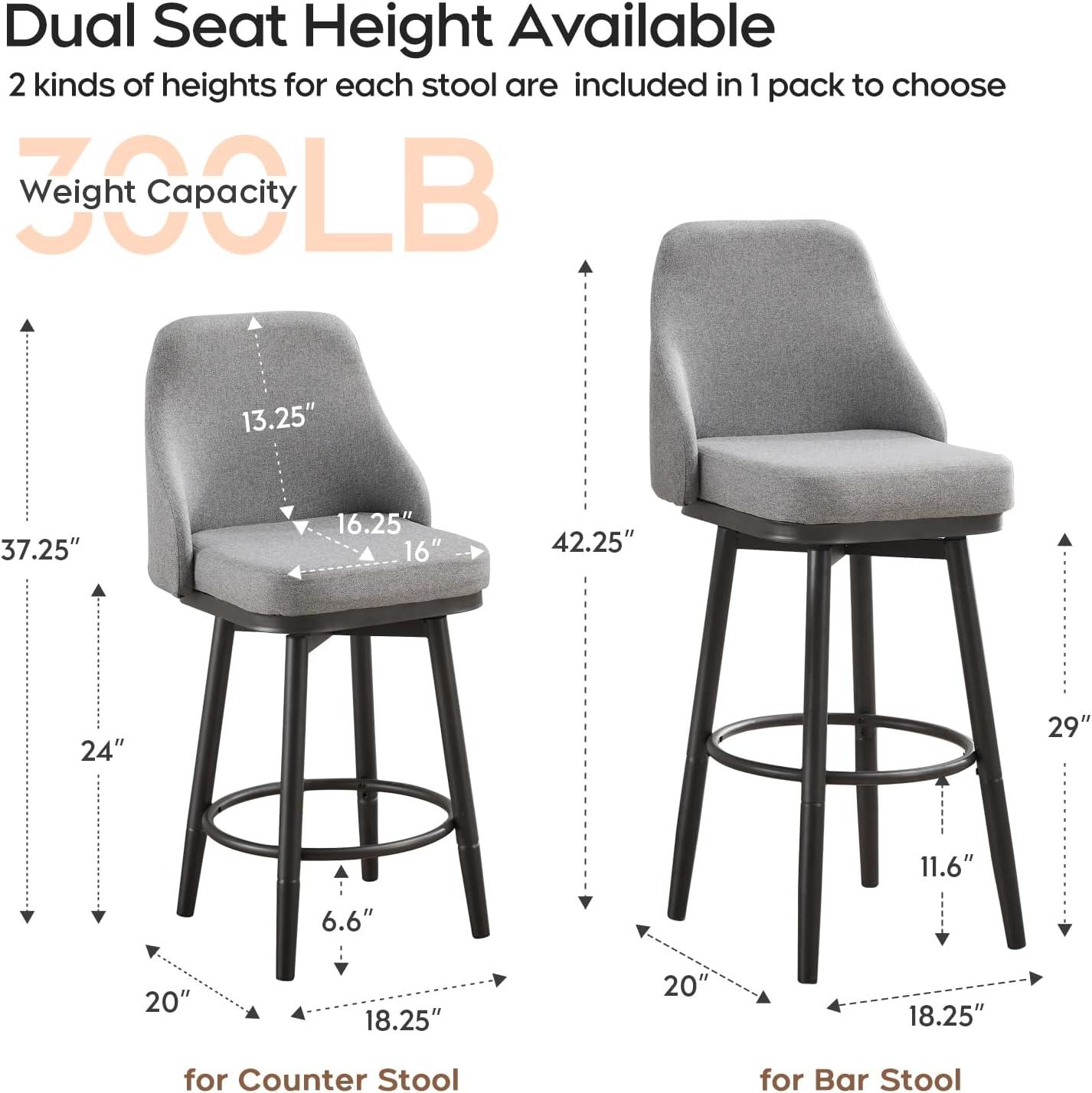 ELIASER Bar Stools Set of 2,Counter Height Barstools Swivel Chair for Kitchen Counter with Back Upholstered Linen Foam Cushion,Metal Leg 29 Inch and 24 Inch Gray
